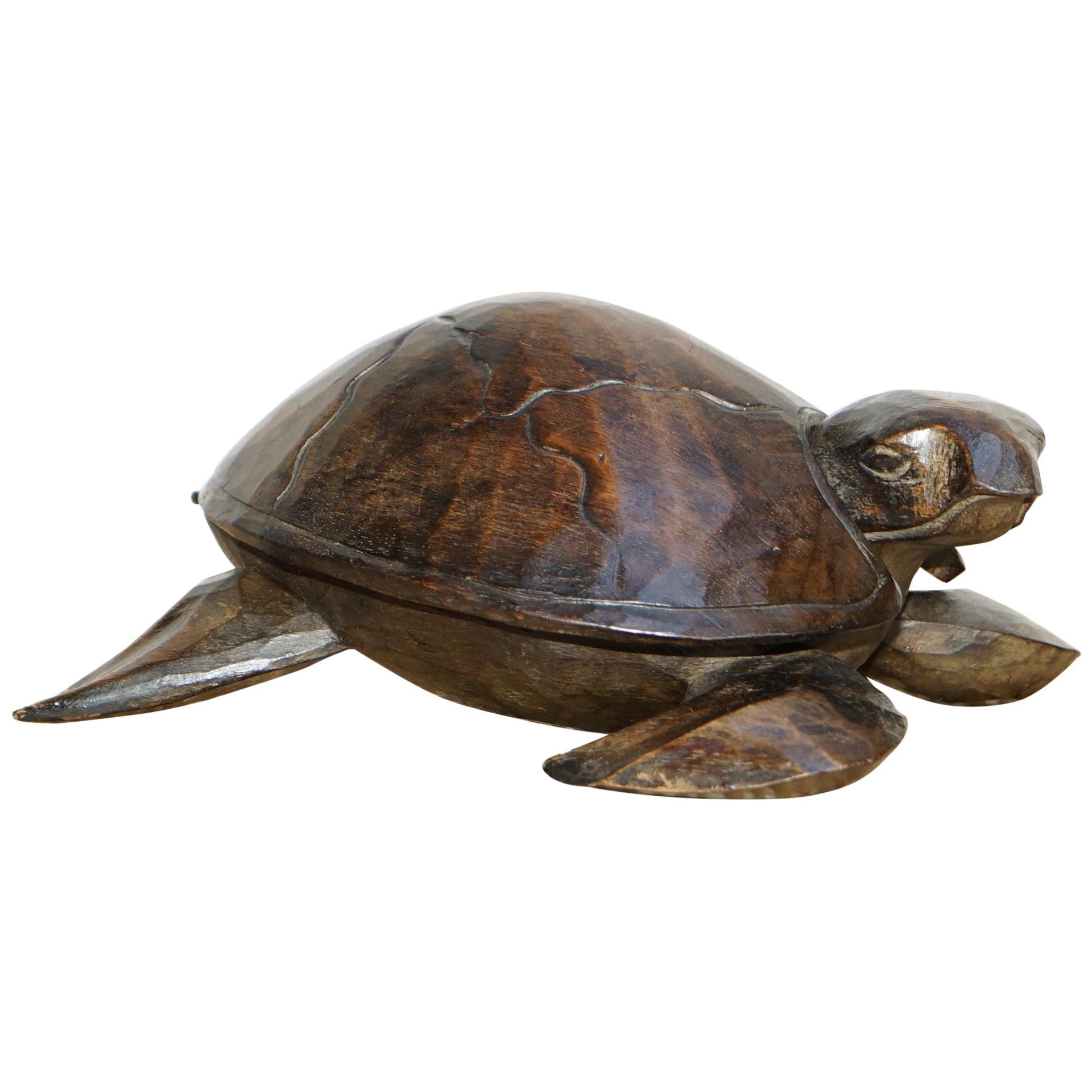 Stunning Hand Carved Vintage Wood of Sea Turtle, Back Lifts Up Small Compartment