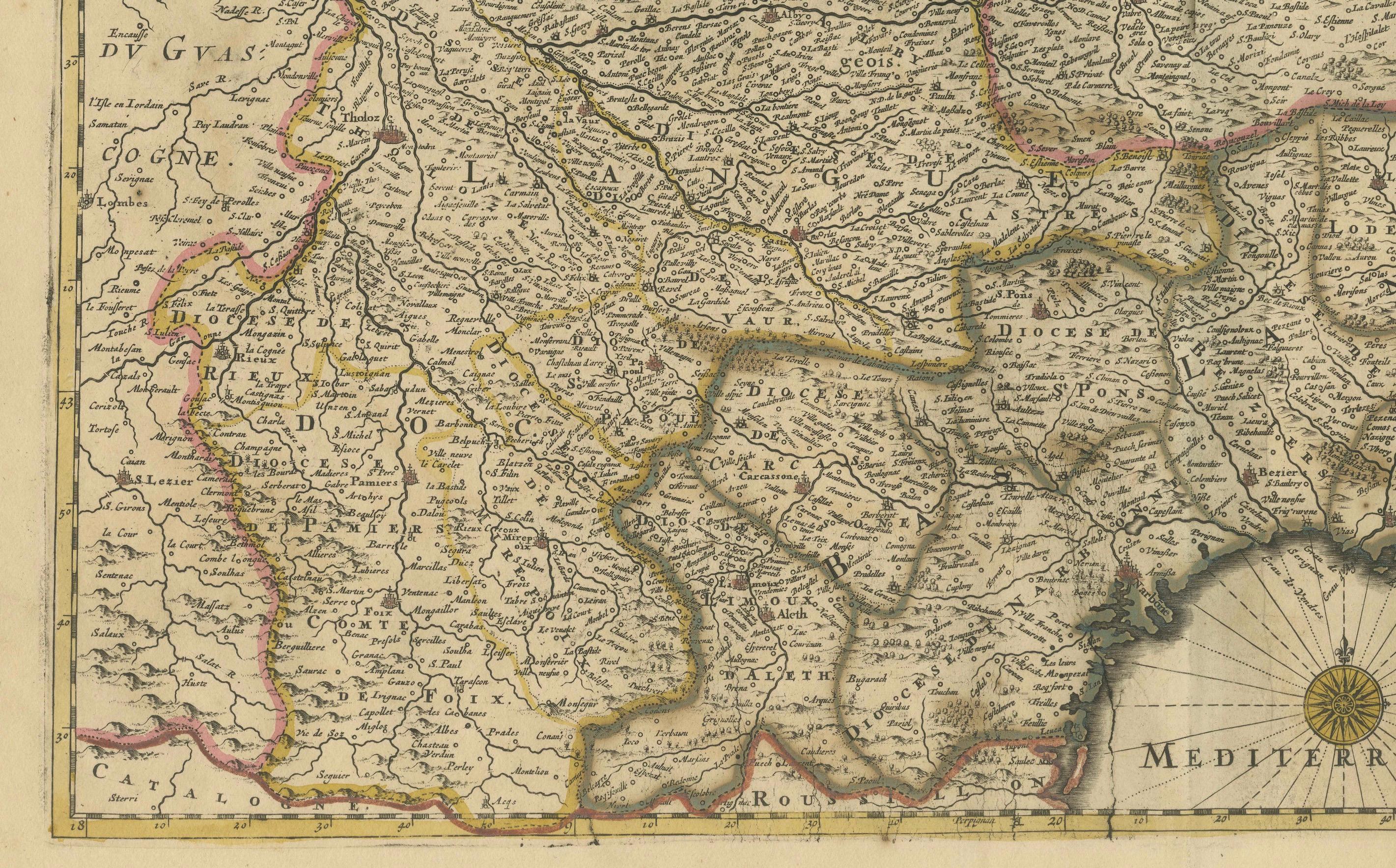 Titre : Superbe carte du Languedoc coloriée à la main par Frederik De Wit c. 1688

Description : Cette élégante carte du XVIIe siècle, 