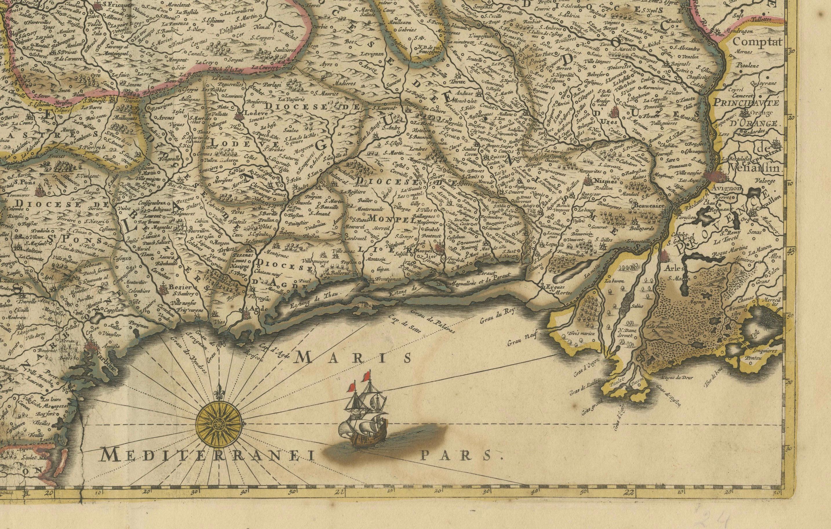 Gravé Superbe carte colorée à la main du Languedoc en France par Frederik De Wit vers 1688 en vente