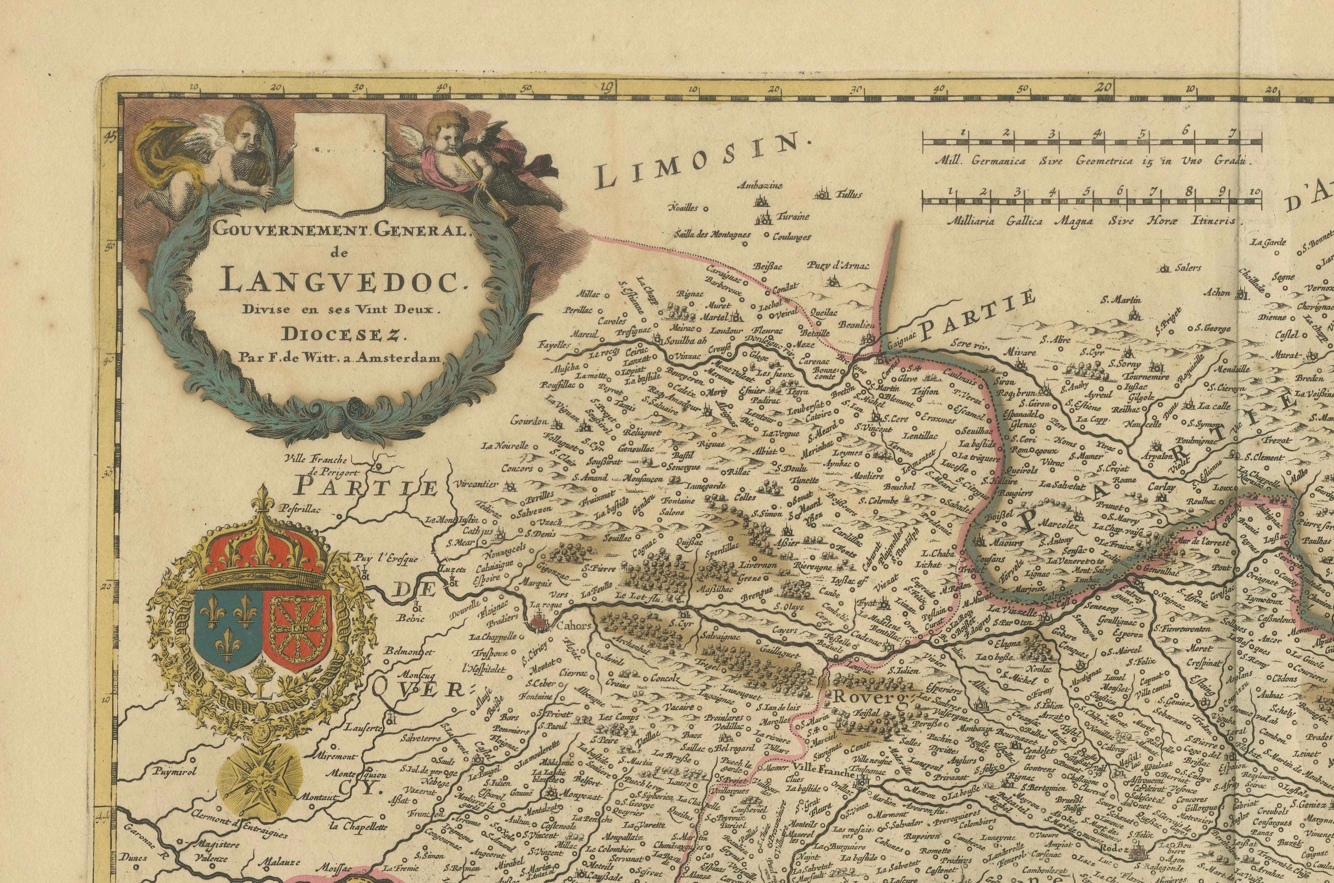 Fin du XVIIe siècle Superbe carte colorée à la main du Languedoc en France par Frederik De Wit vers 1688 en vente