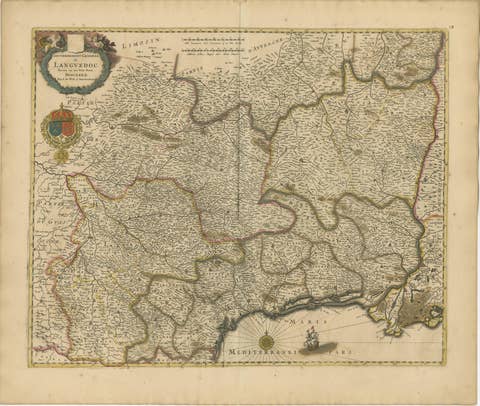 Stunning Hand-Colored Map of Languedoc in France by Frederik De Wit c. 1688