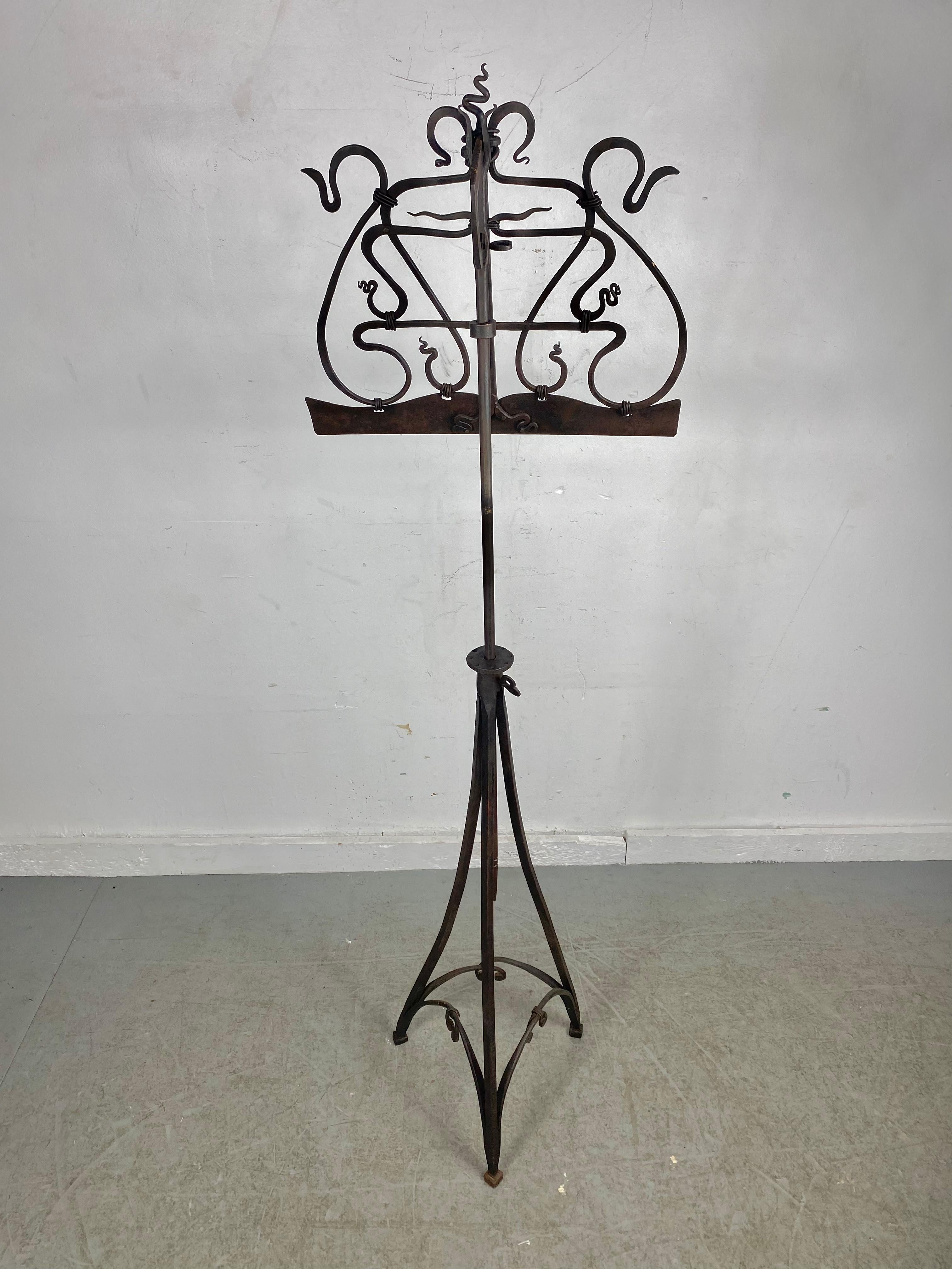 Stunning Hand Crafted Forged Iron Music Stand, Art Nouveau/Arts and Crafts Style,, signed (initialed)) dated 81 Amazing quality and craftsmenship,, Bronzed patina,, Adjustable height.