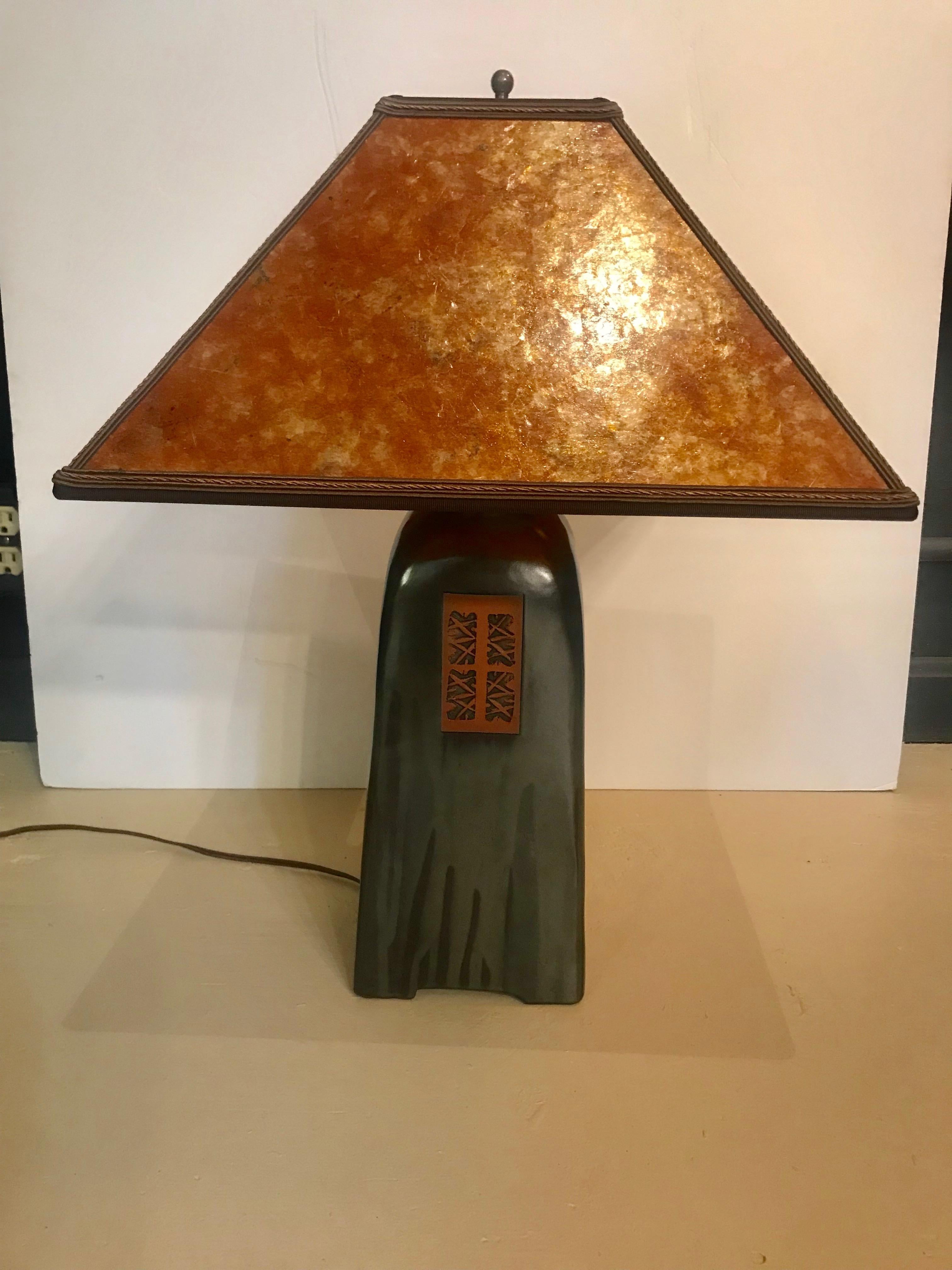 American Stunning Handcrafted Onyx Glaze Lamp with Amber Mica Shade For Sale