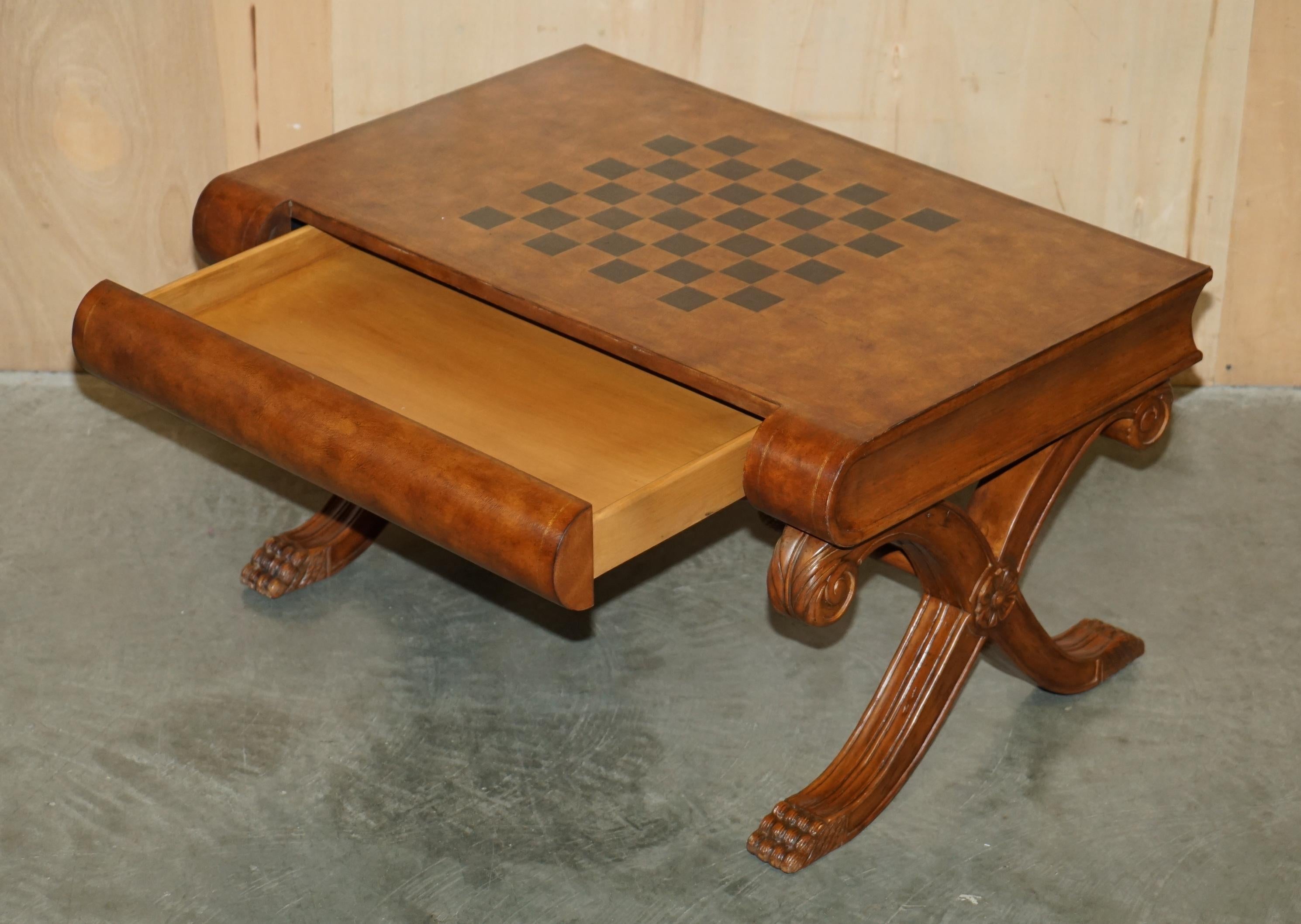 STUNNiNG HAND DYED BROWN LEATHER SCHOLARS BOOK CHESSBOARD CHESS COFFEE TABLE For Sale 8