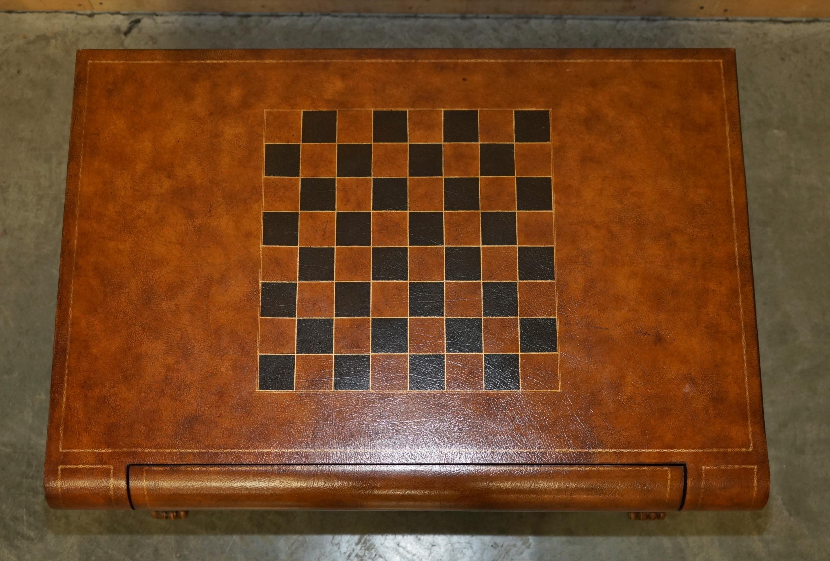 English STUNNiNG HAND DYED BROWN LEATHER SCHOLARS BOOK CHESSBOARD CHESS COFFEE TABLE For Sale
