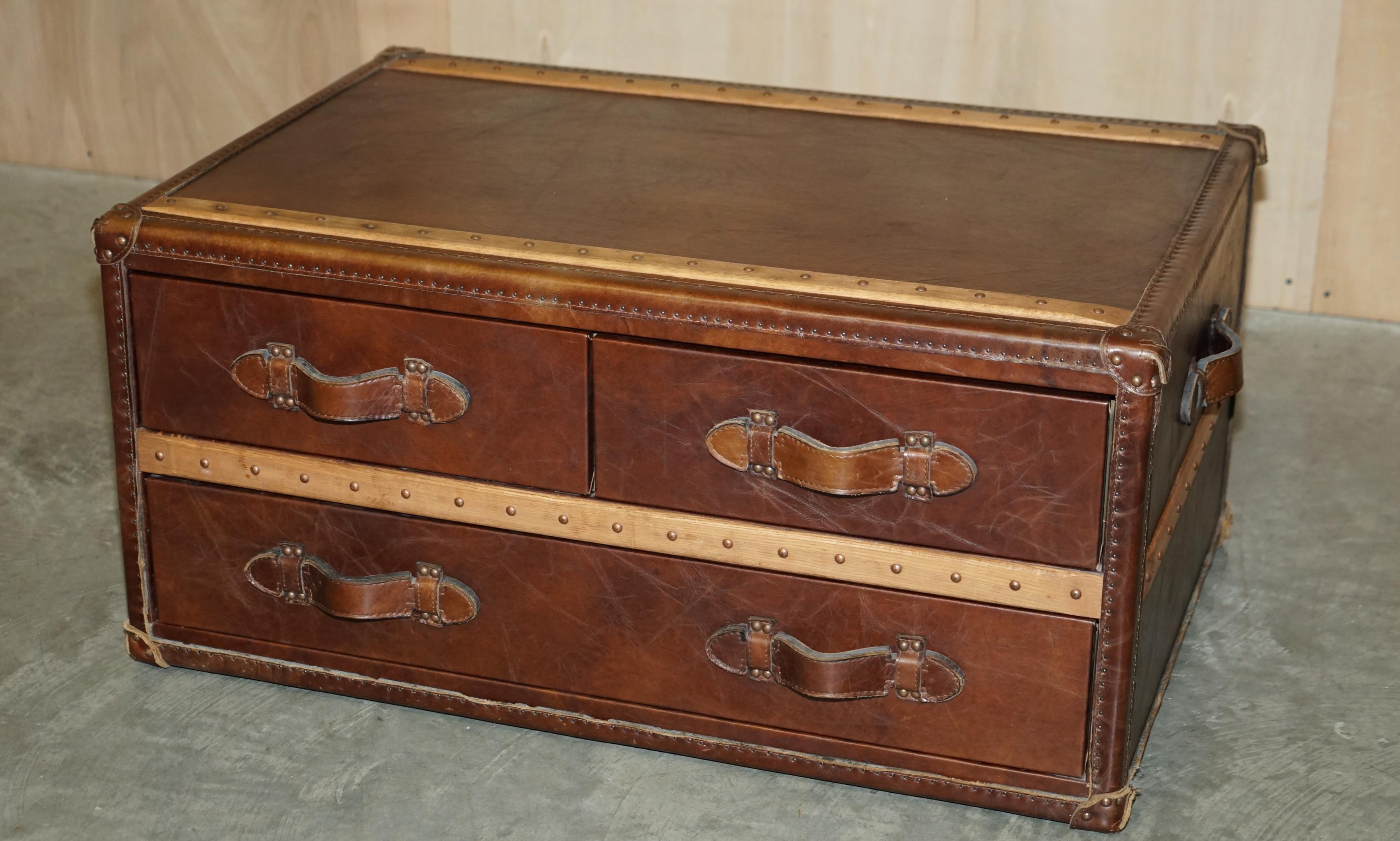 Art Deco Stunning Hand Dyed Brown Saddle Leather Halo Trunk Chest of Drawers Coffee Table