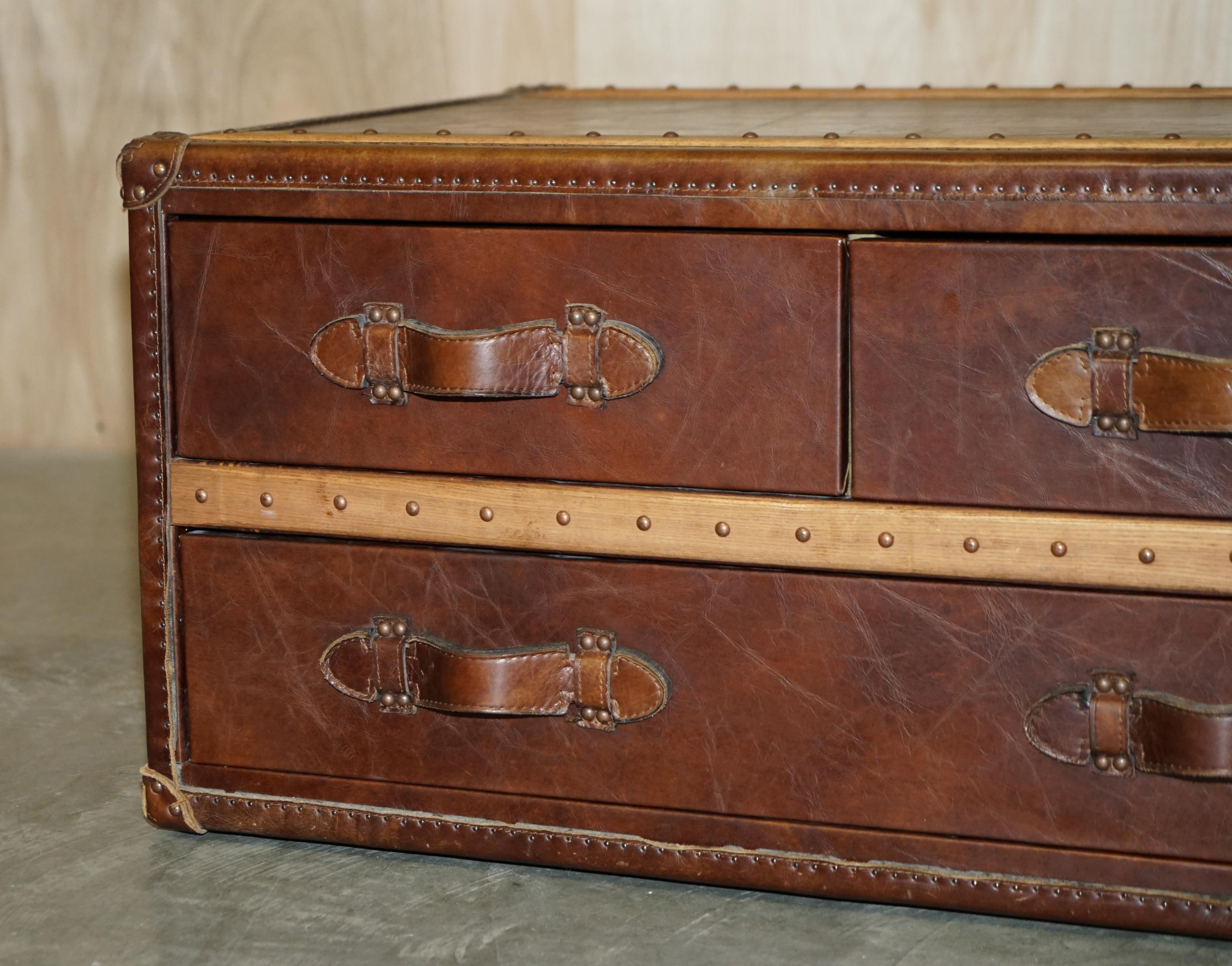 English Stunning Hand Dyed Brown Saddle Leather Halo Trunk Chest of Drawers Coffee Table
