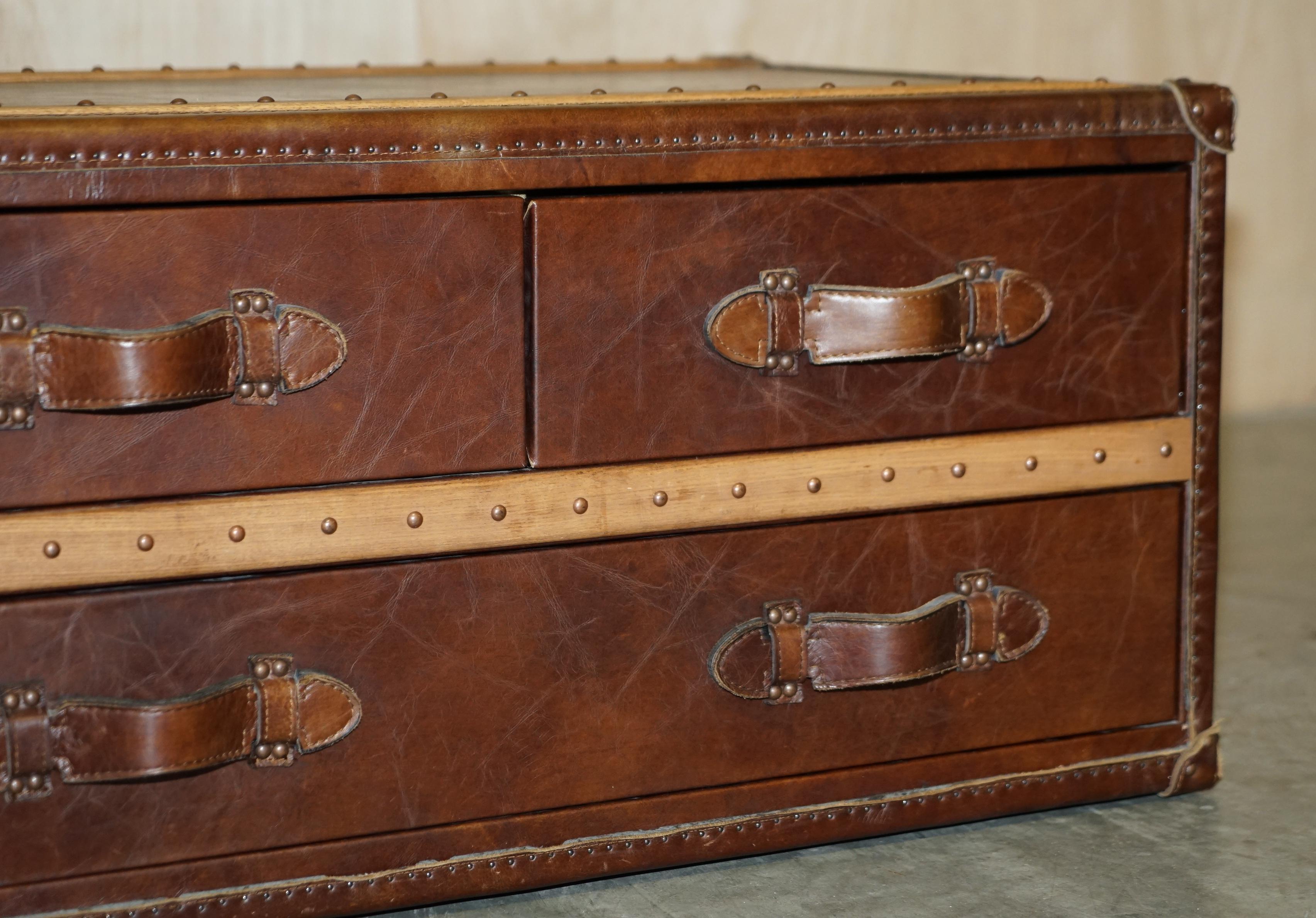 Hand-Crafted Stunning Hand Dyed Brown Saddle Leather Halo Trunk Chest of Drawers Coffee Table