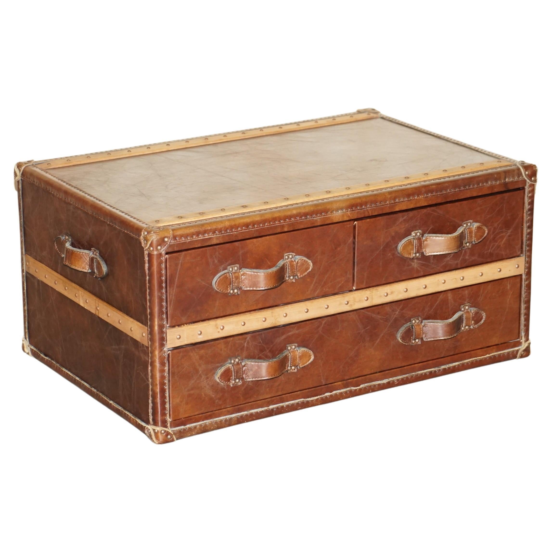 Stunning Hand Dyed Brown Saddle Leather Halo Trunk Chest of Drawers Coffee Table