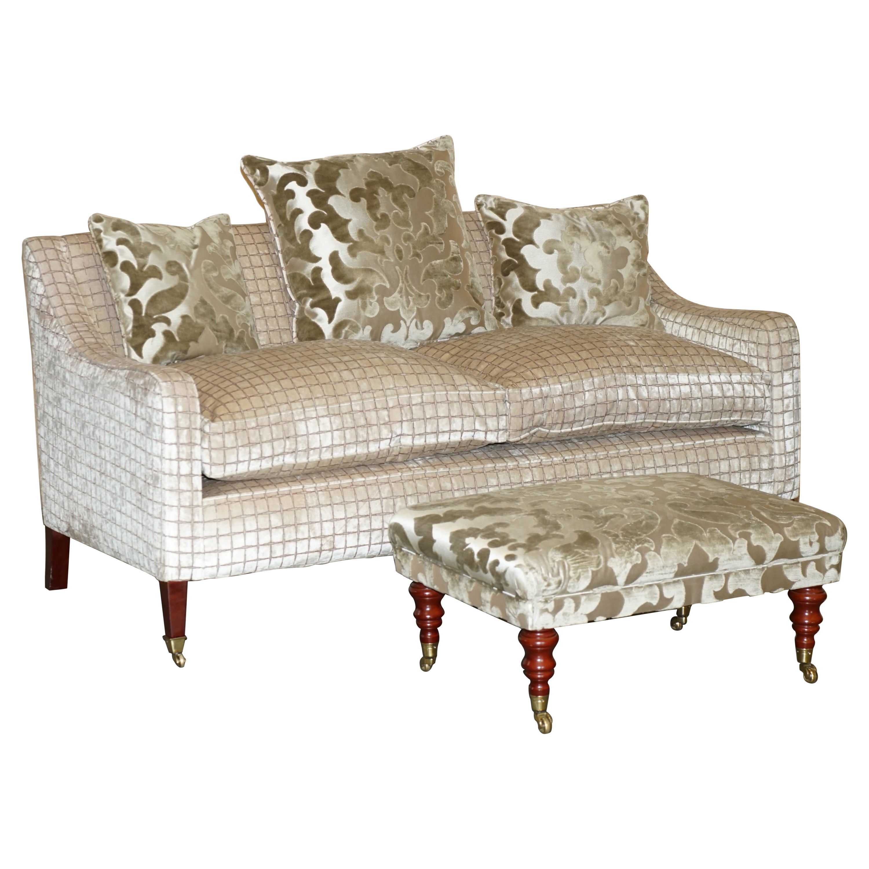 STUNNiNG HAND MADE IN ENGLAND DESIGNER FABRIC UPHOLSTERED SOFA & FOOTSTOOL