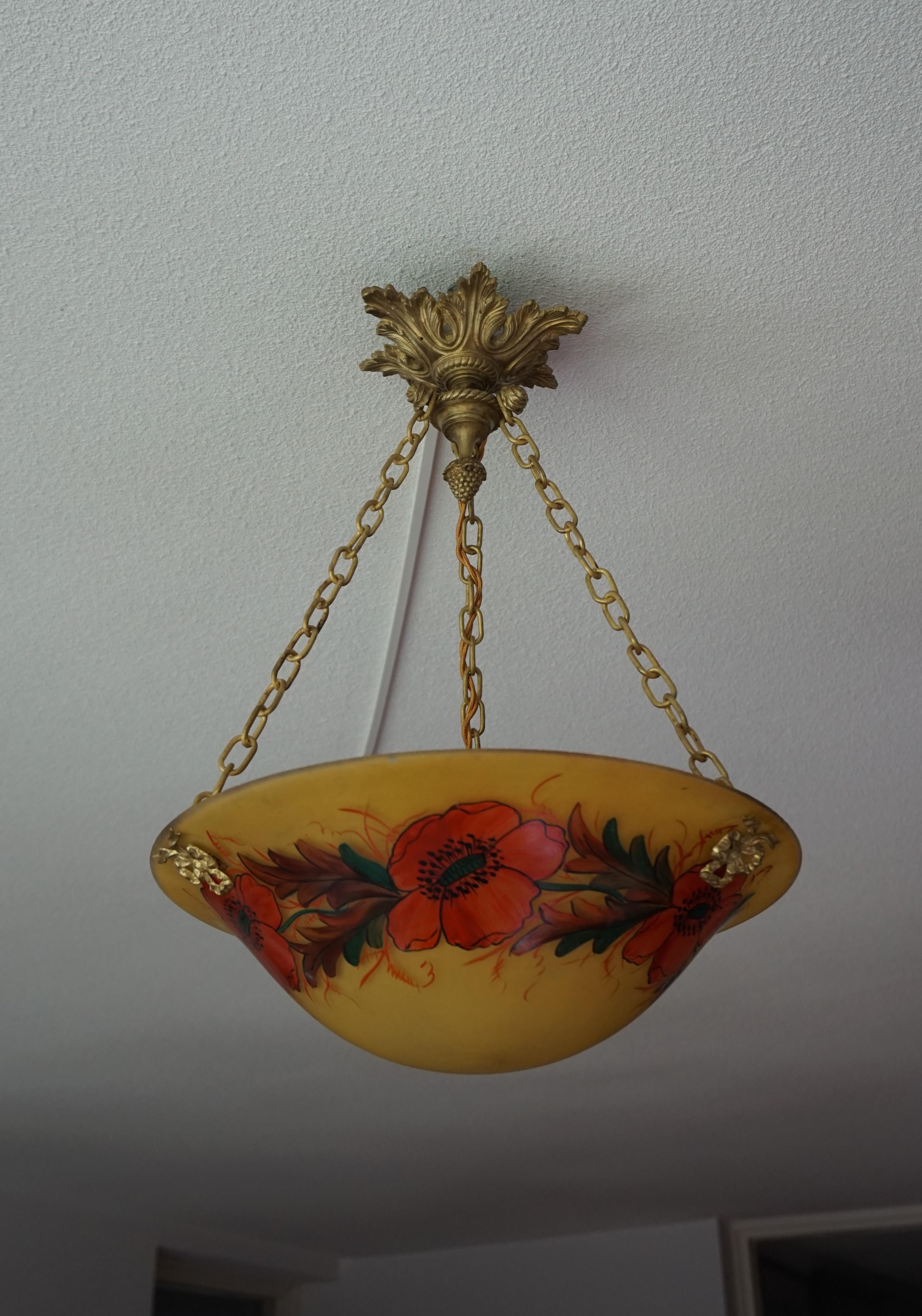 Stunning Hand Painted and Enameled Glass, Arts & Crafts Pendant / Flush Mount For Sale 4