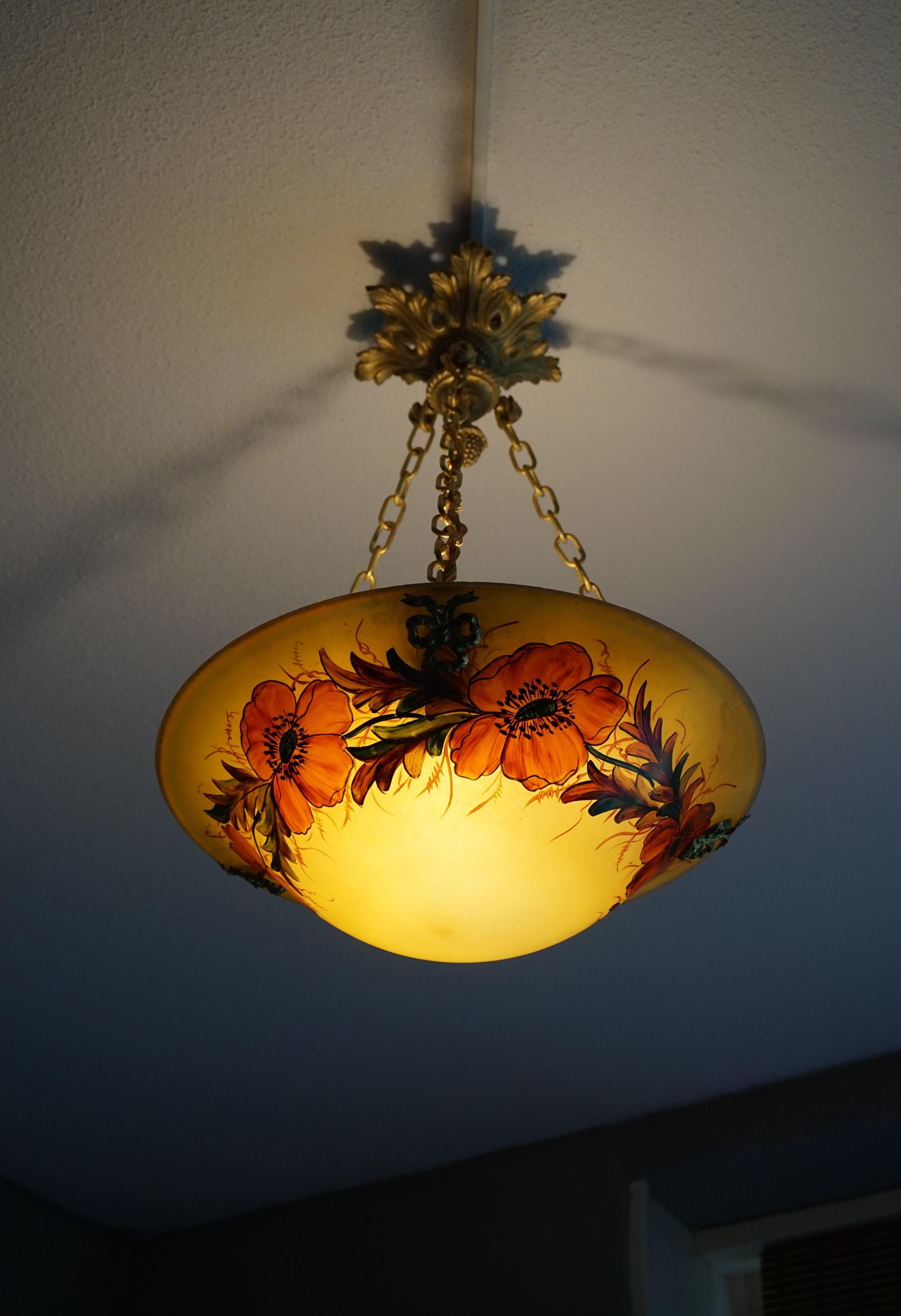 Stunning Hand Painted and Enameled Glass, Arts & Crafts Pendant / Flush Mount For Sale 6