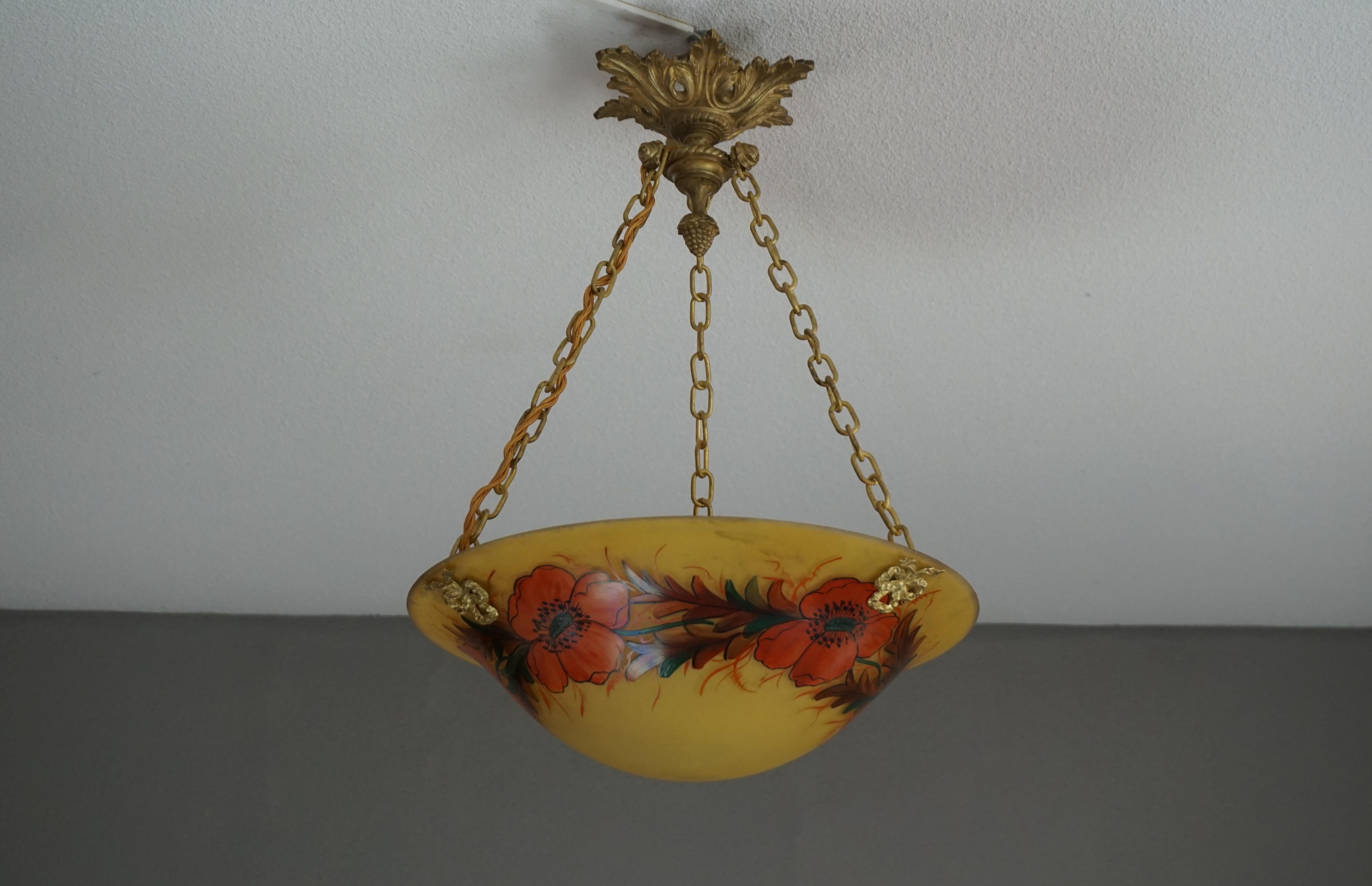 Stunning Hand Painted and Enameled Glass, Arts & Crafts Pendant / Flush Mount For Sale 7