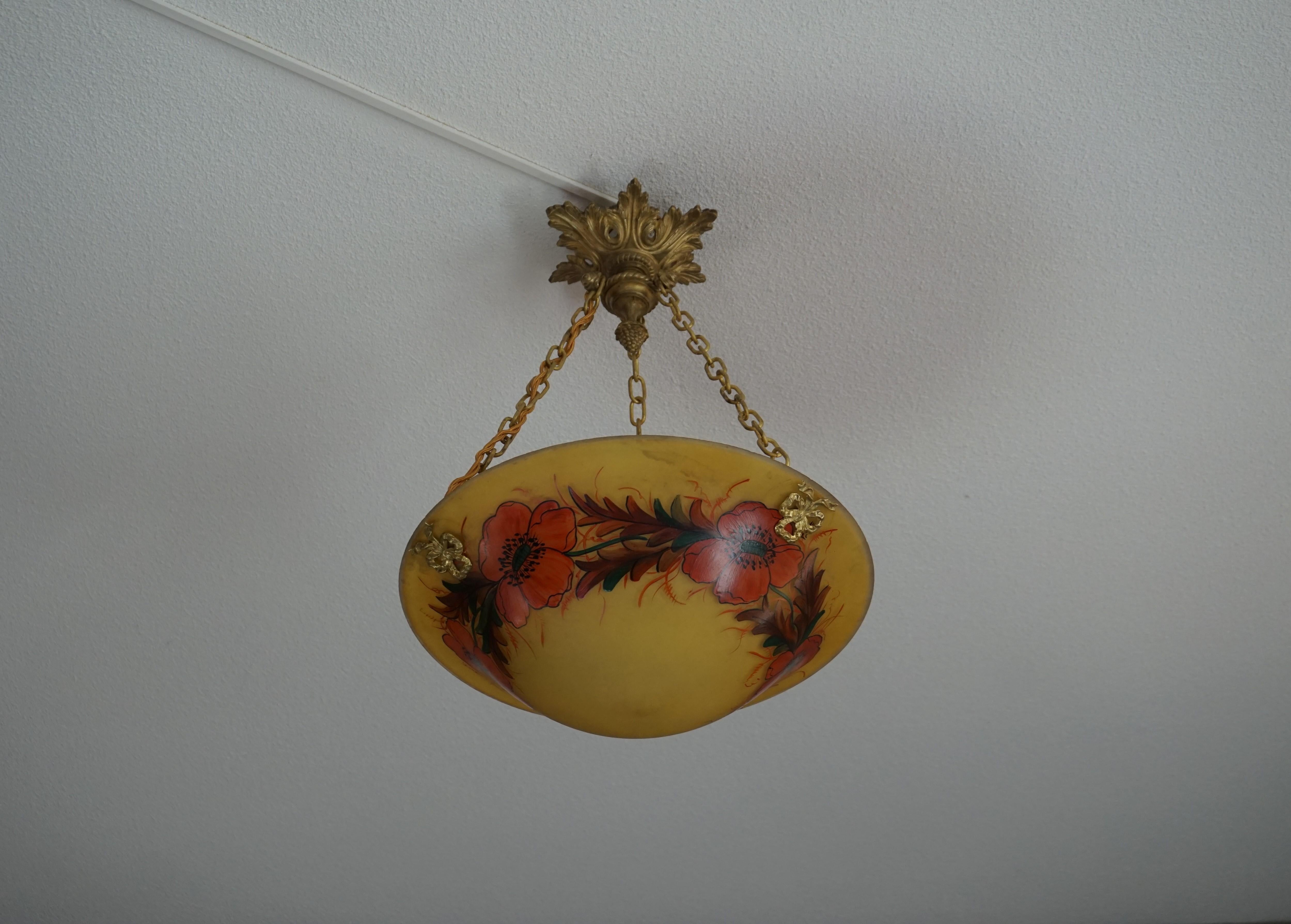 Stunning Hand Painted and Enameled Glass, Arts & Crafts Pendant / Flush Mount For Sale 9