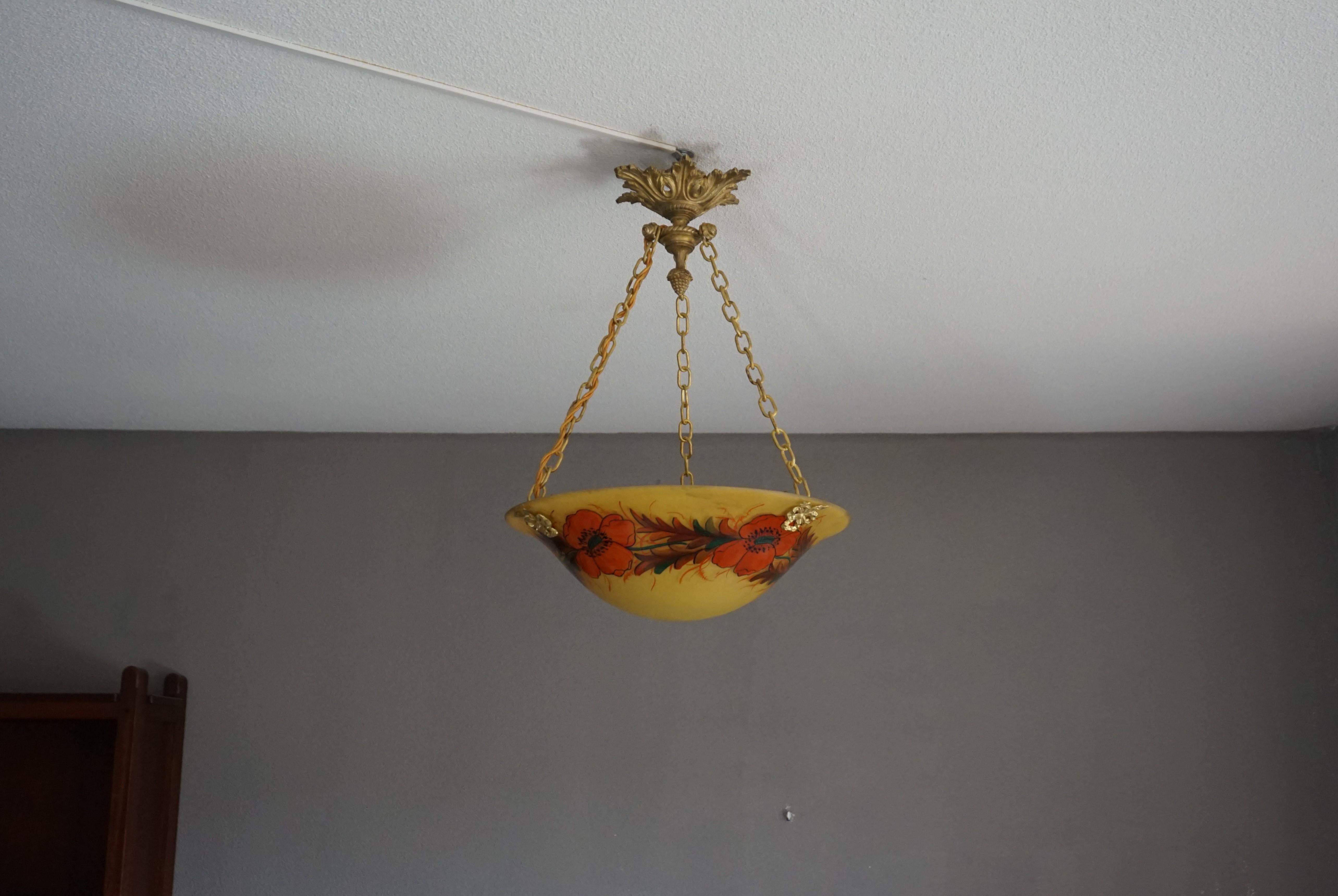 Stunning Hand Painted and Enameled Glass, Arts & Crafts Pendant / Flush Mount 12