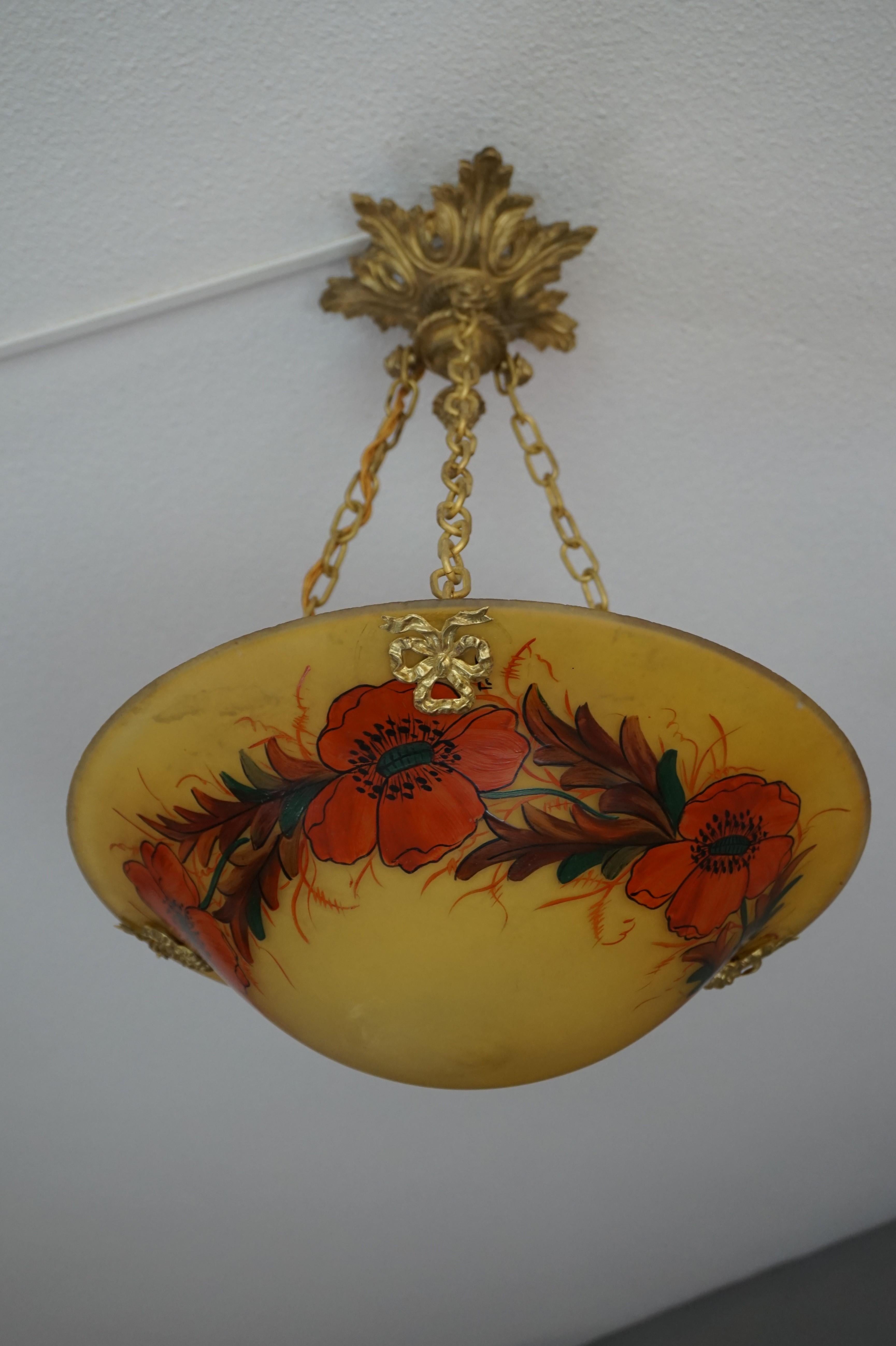Arts and Crafts Stunning Hand Painted and Enameled Glass, Arts & Crafts Pendant / Flush Mount For Sale