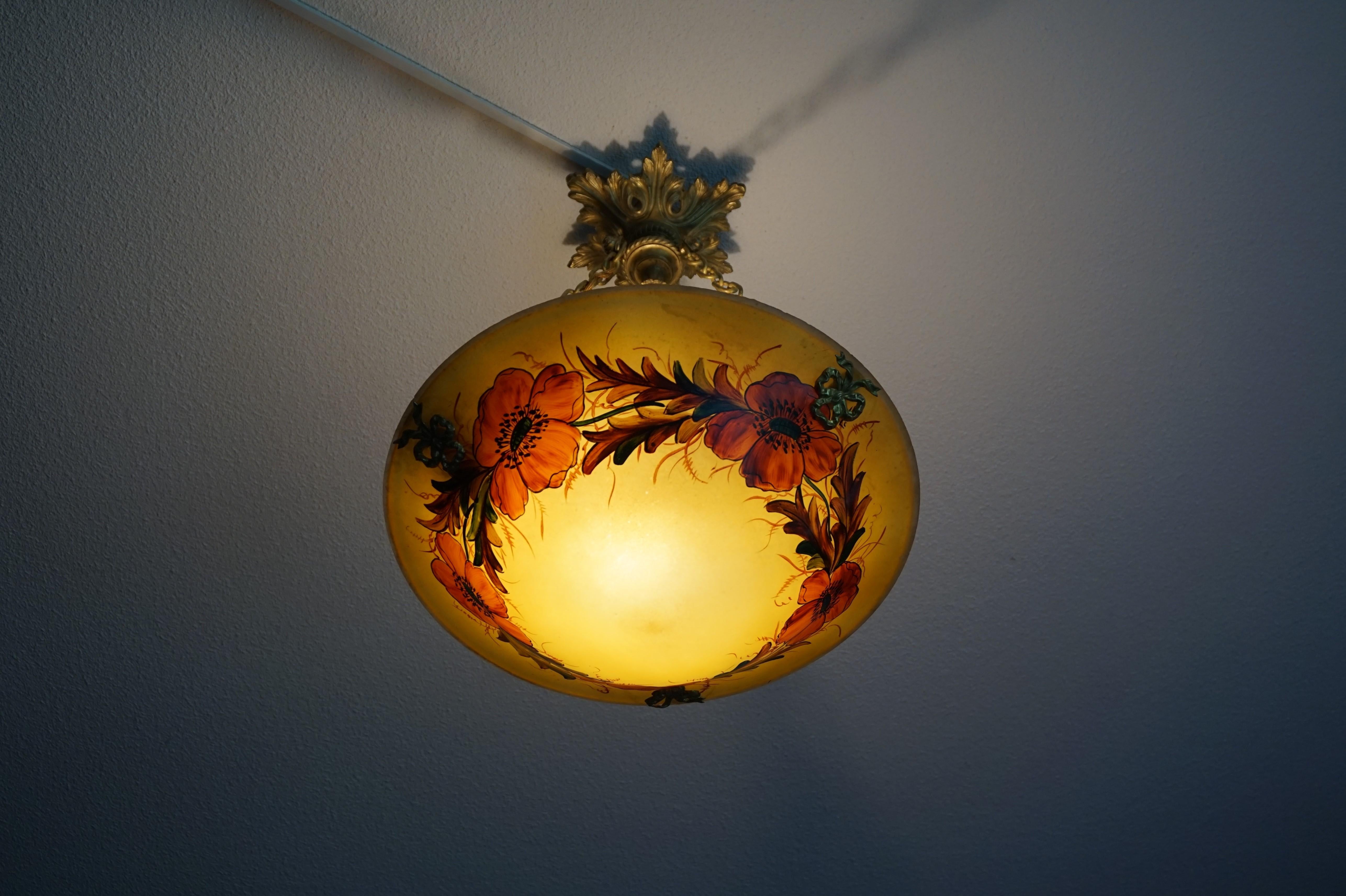 Cast Stunning Hand Painted and Enameled Glass, Arts & Crafts Pendant / Flush Mount For Sale