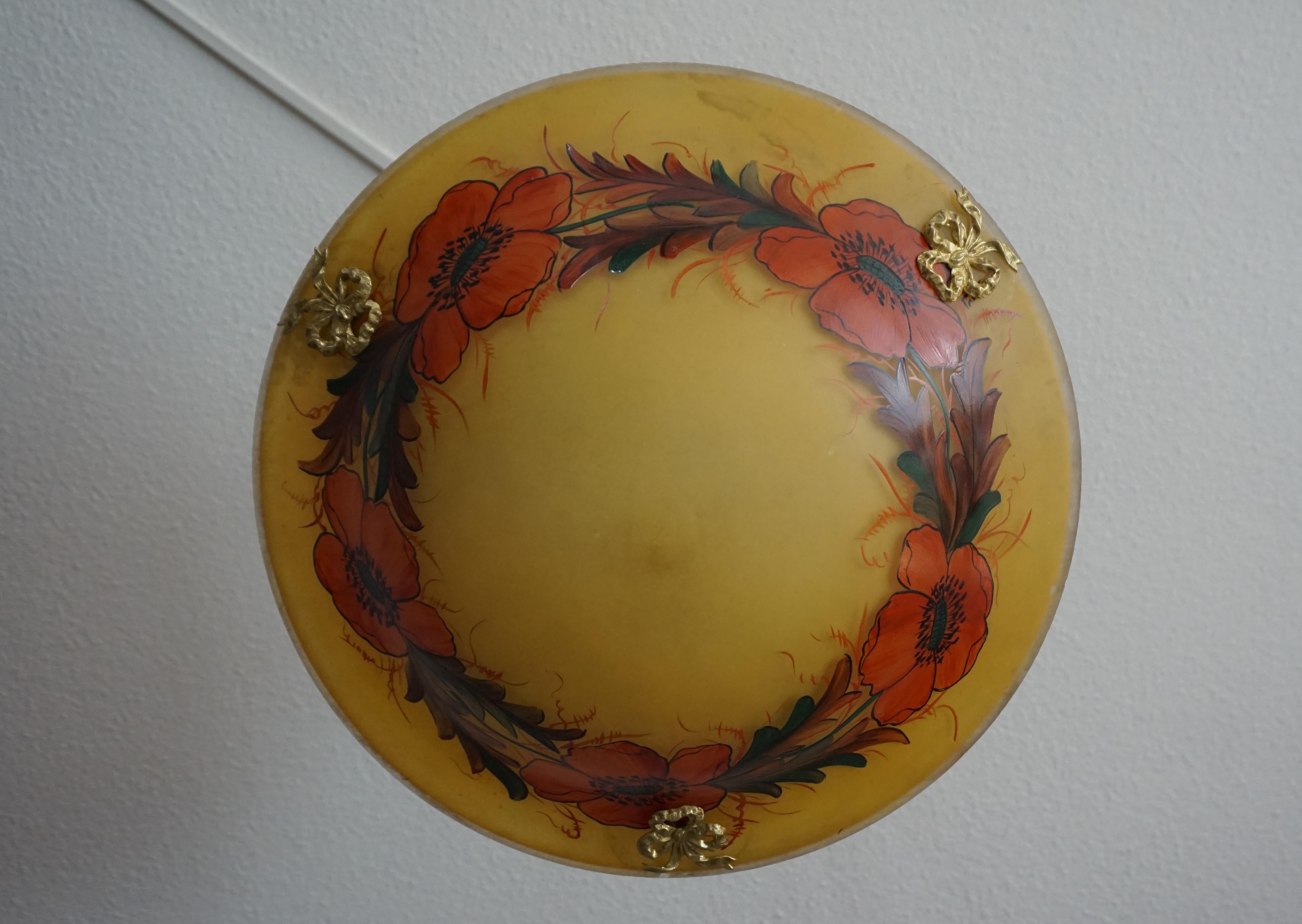 Stunning Hand Painted and Enameled Glass, Arts & Crafts Pendant / Flush Mount In Good Condition For Sale In Lisse, NL