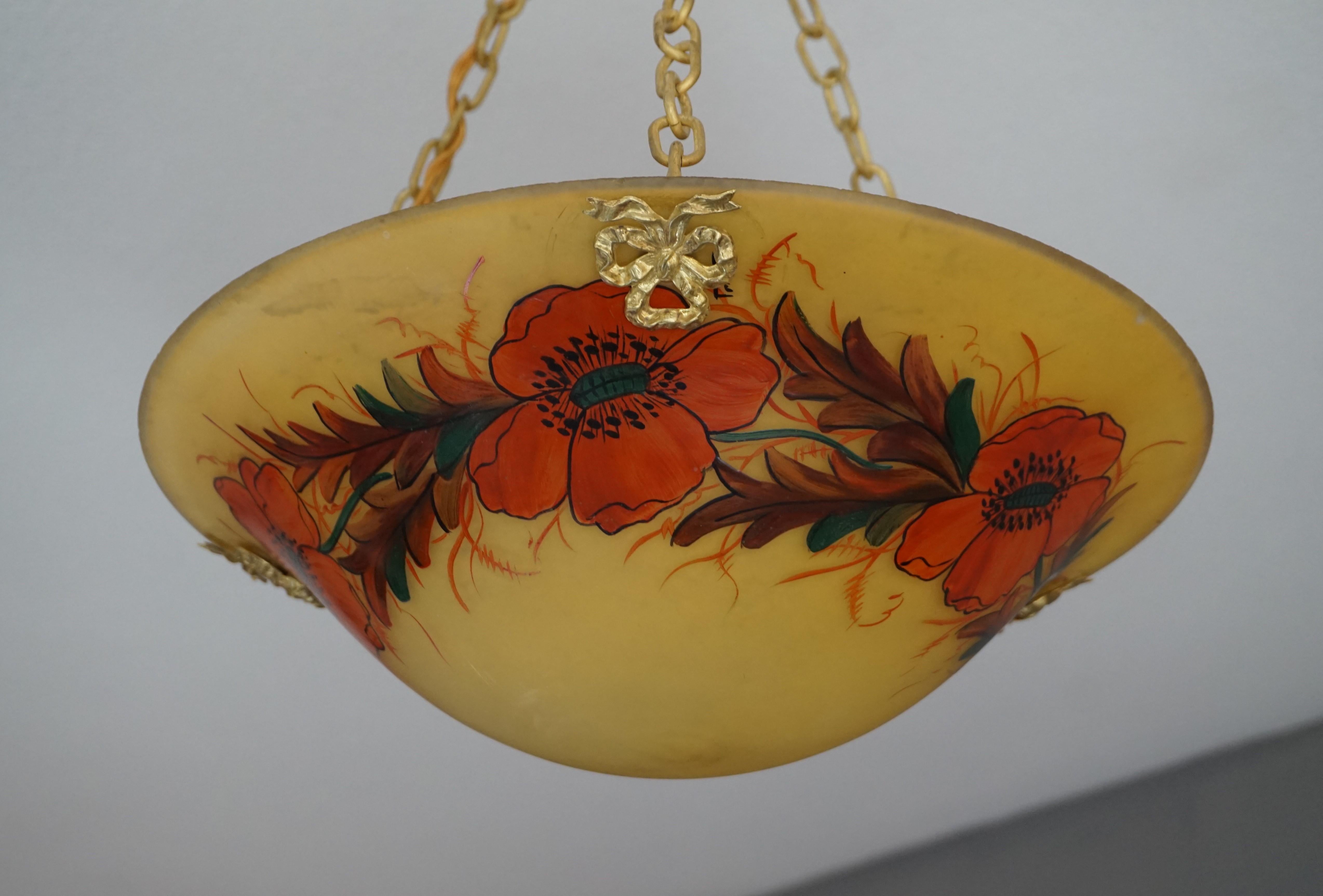 20th Century Stunning Hand Painted and Enameled Glass, Arts & Crafts Pendant / Flush Mount For Sale