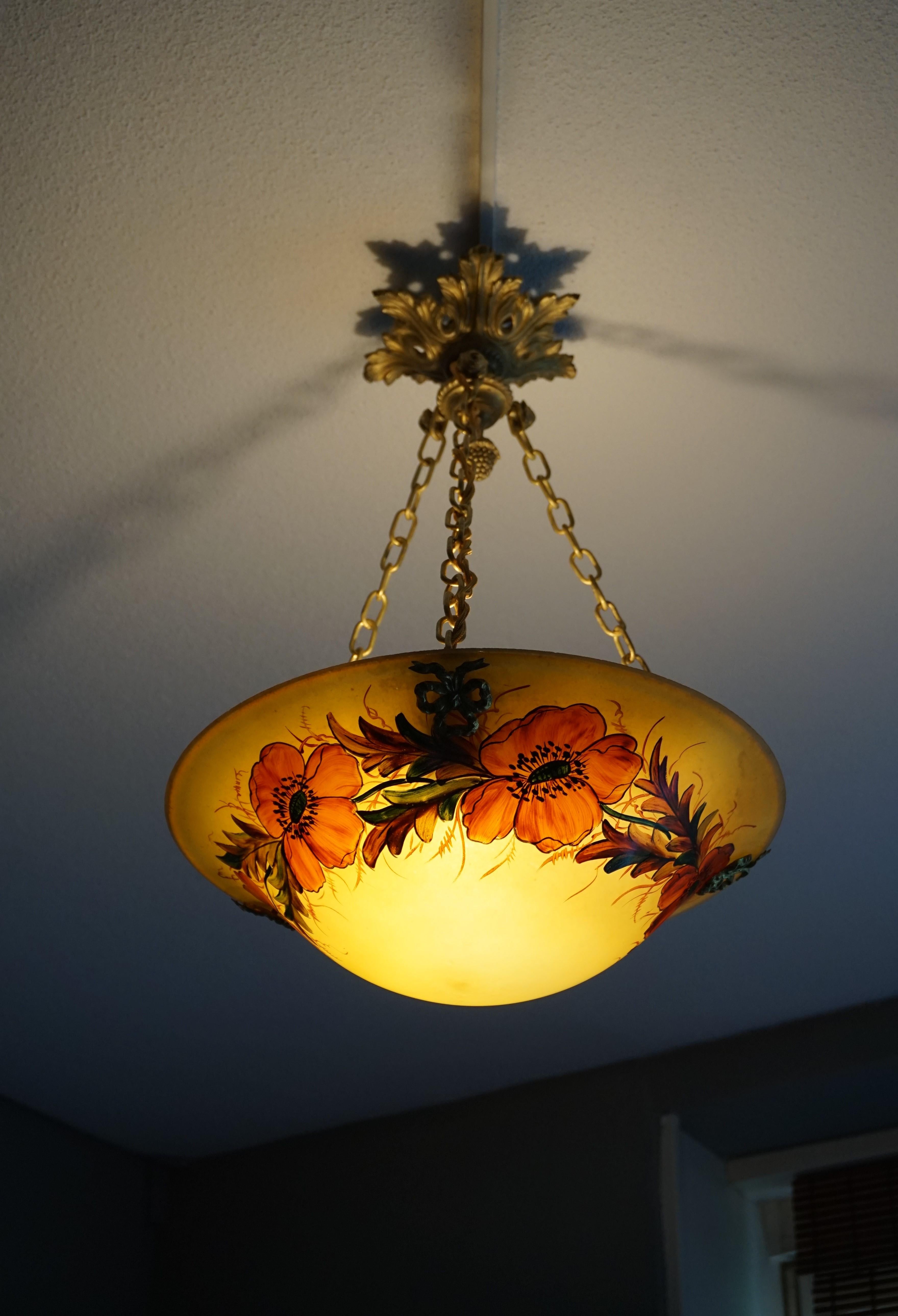 Stunning Hand Painted and Enameled Glass, Arts & Crafts Pendant / Flush Mount 2