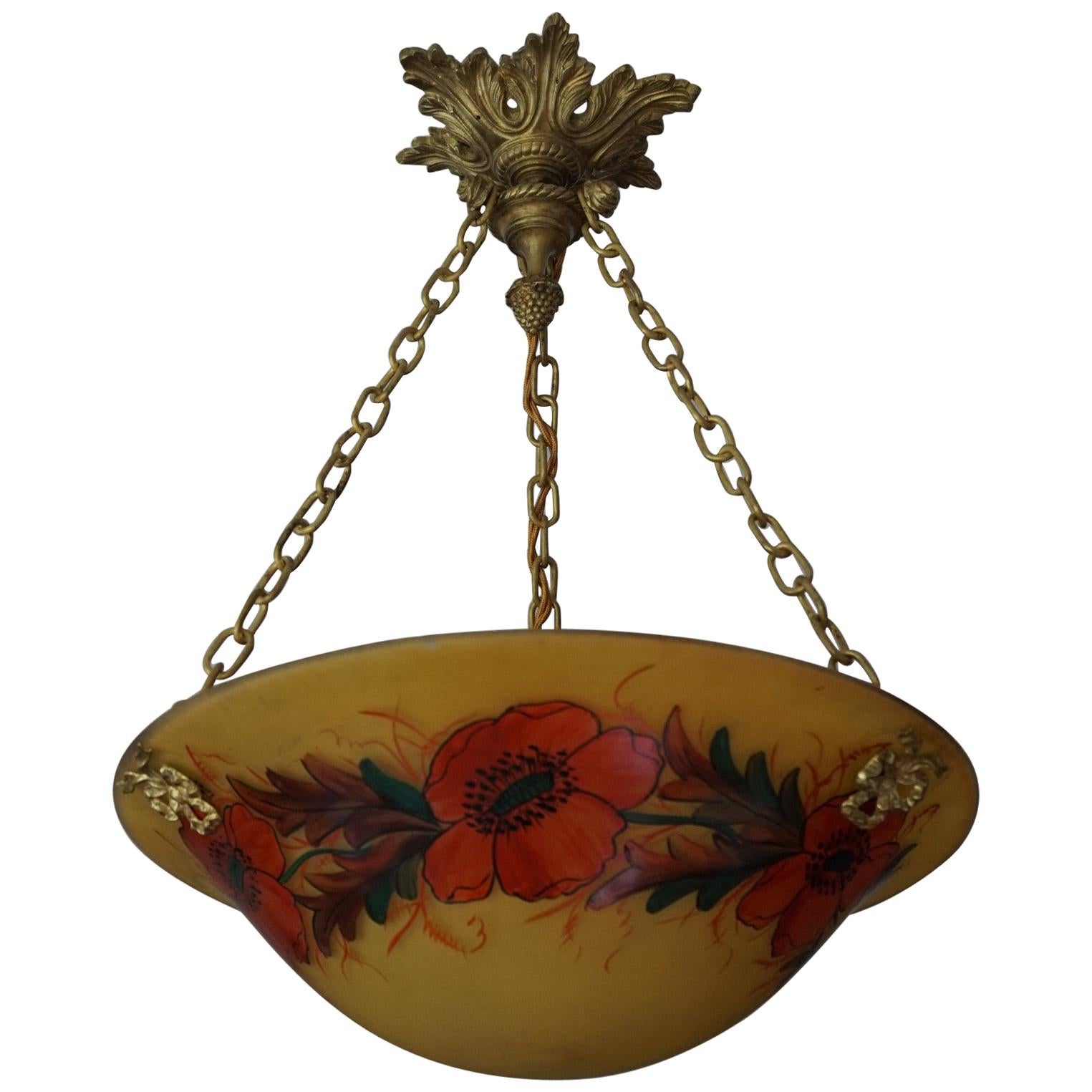 Stunning Hand Painted and Enameled Glass, Arts & Crafts Pendant / Flush Mount For Sale
