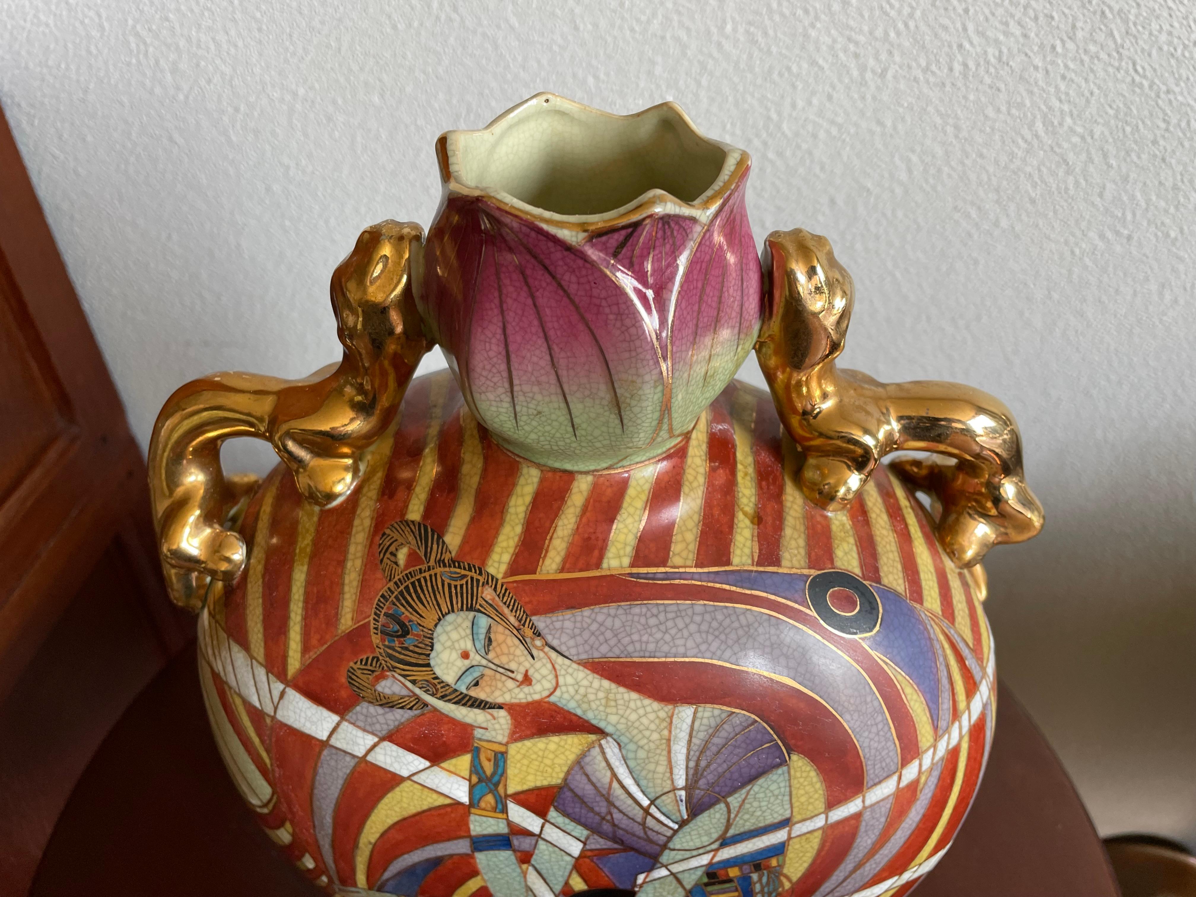 Stunning Hand Painted Geisha Model Design Art Deco Vase w Gilt Dragon Sculptures For Sale 4