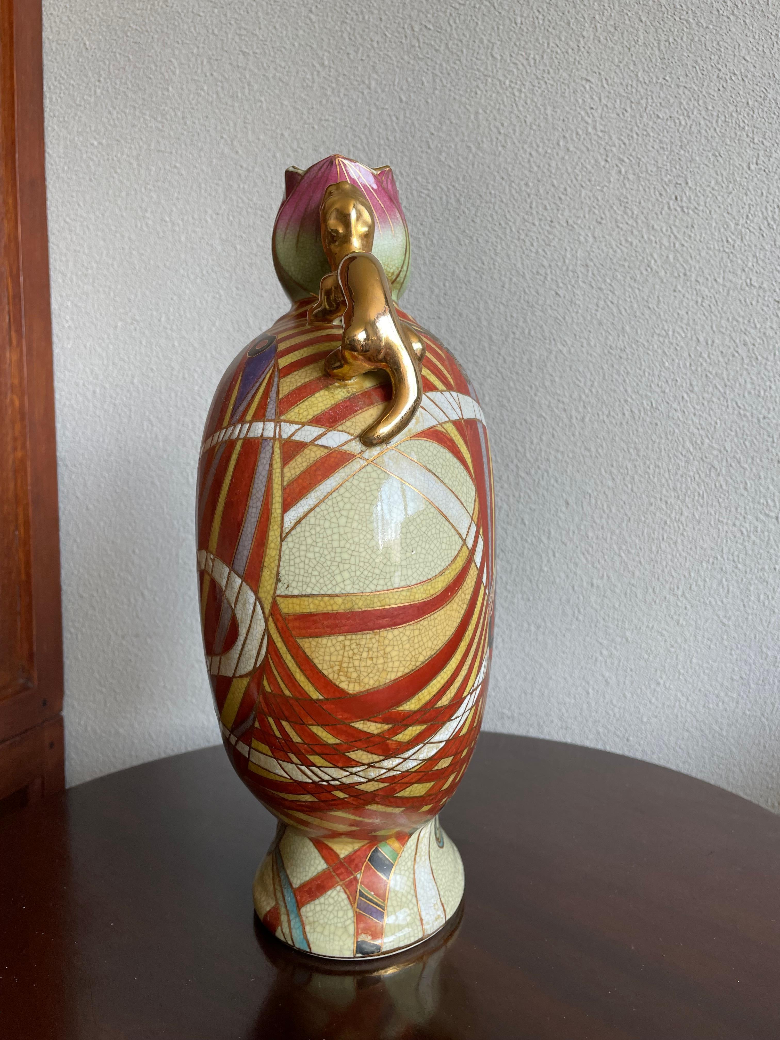 Stunning Hand Painted Geisha Model Design Art Deco Vase w Gilt Dragon Sculptures For Sale 6