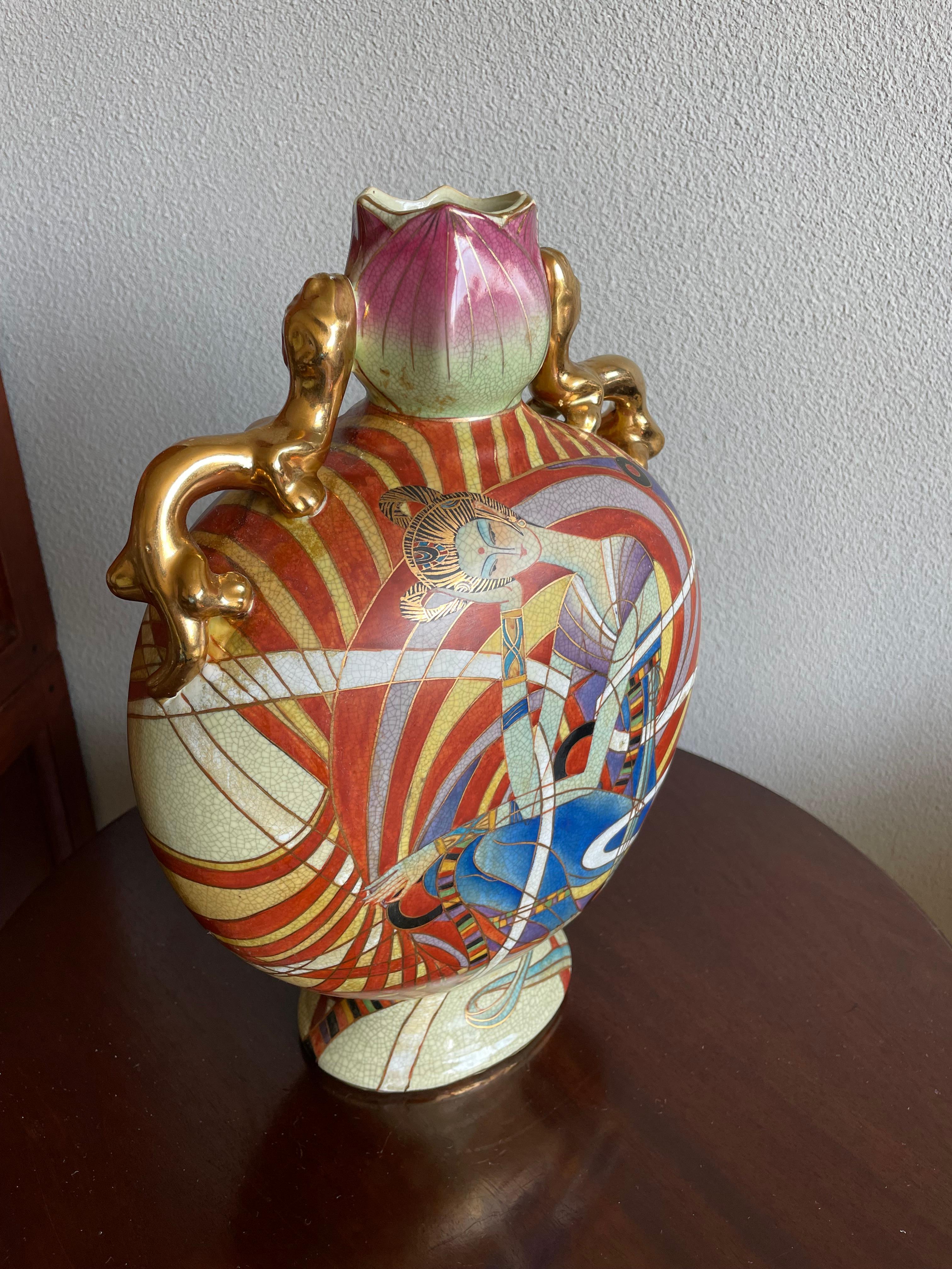 Stunning Hand Painted Geisha Model Design Art Deco Vase w Gilt Dragon Sculptures For Sale 11