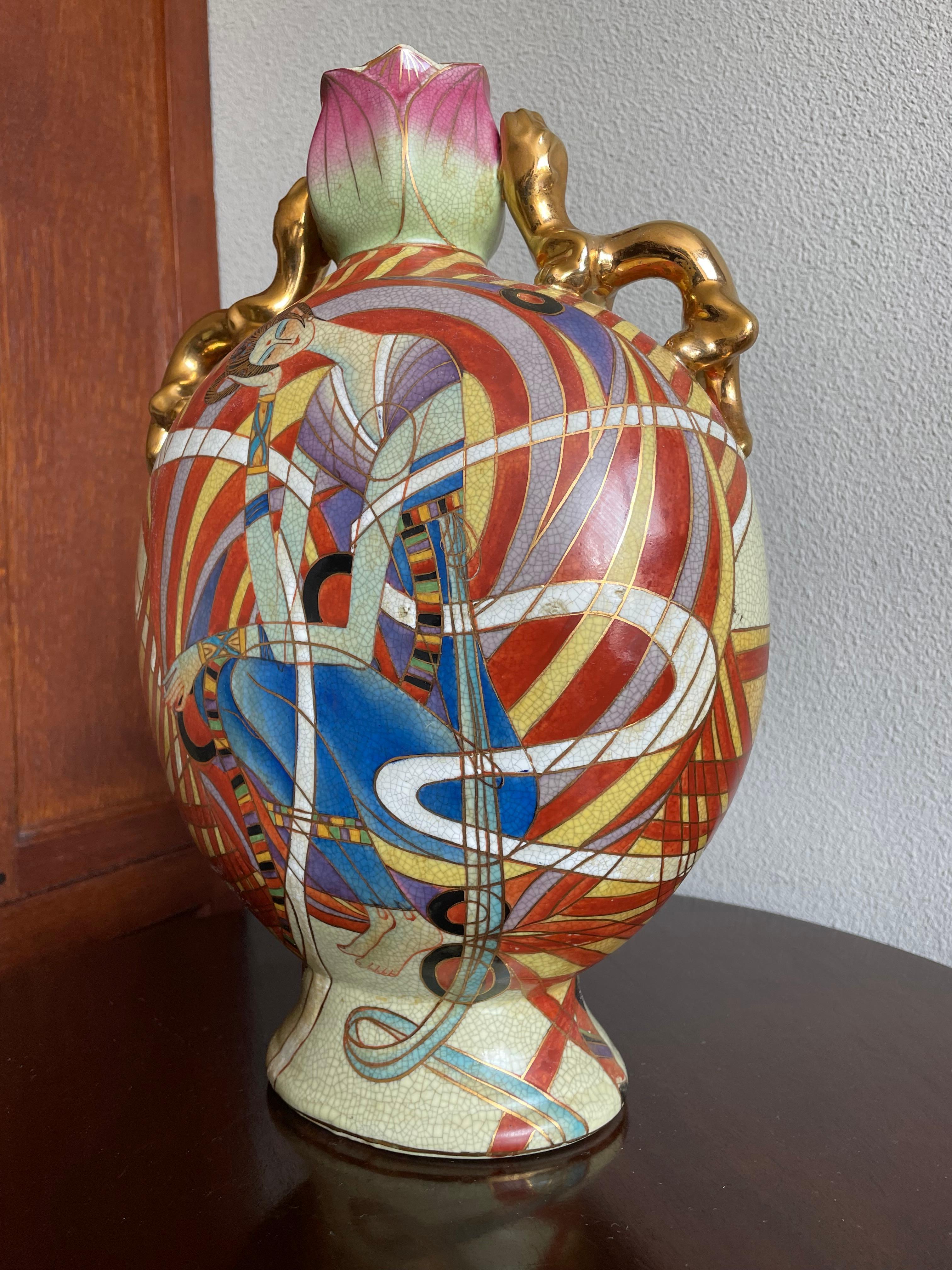 Stunning Hand Painted Geisha Model Design Art Deco Vase w Gilt Dragon Sculptures For Sale 12