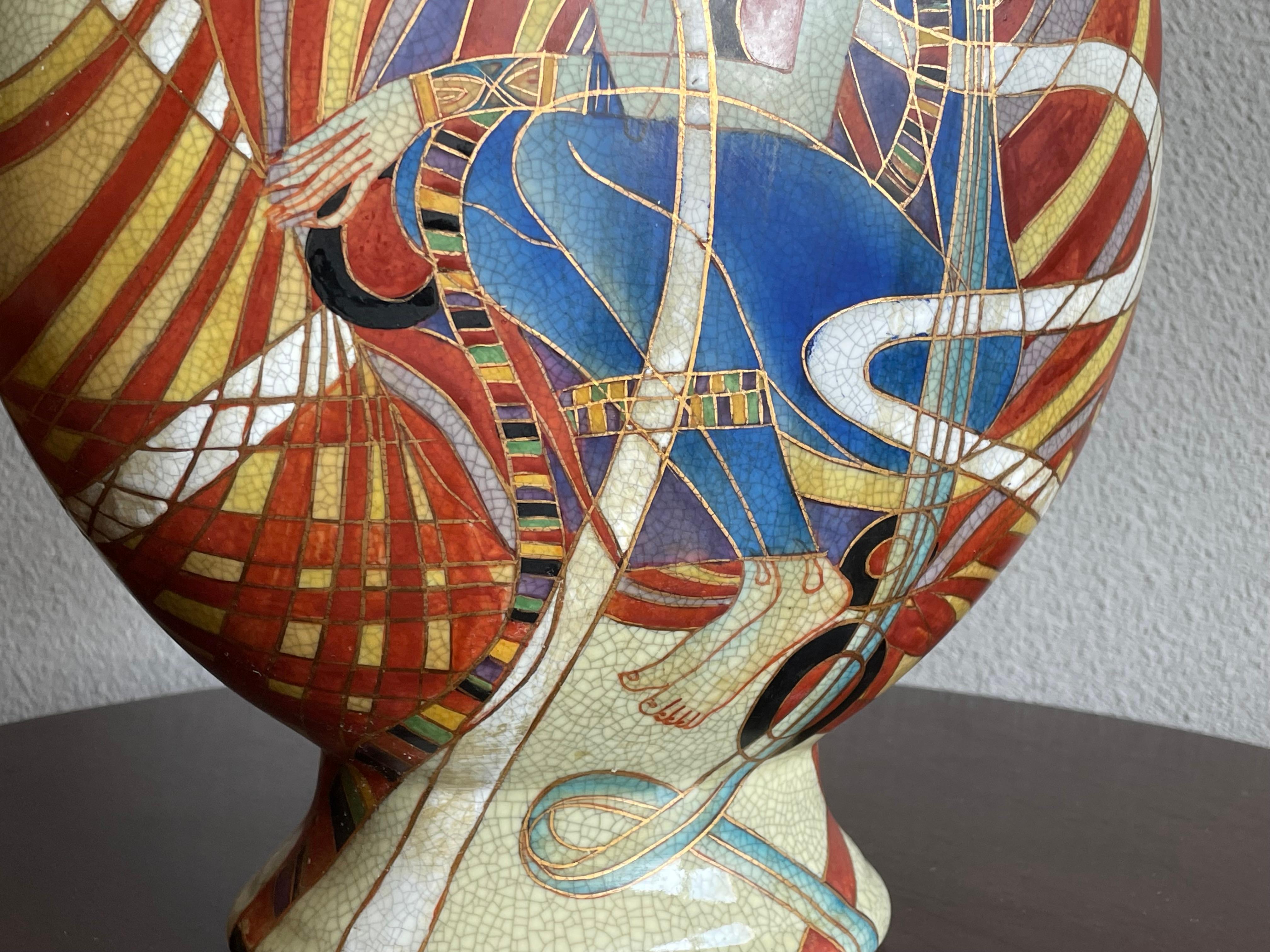 Stunning Hand Painted Geisha Model Design Art Deco Vase w Gilt Dragon Sculptures For Sale 13