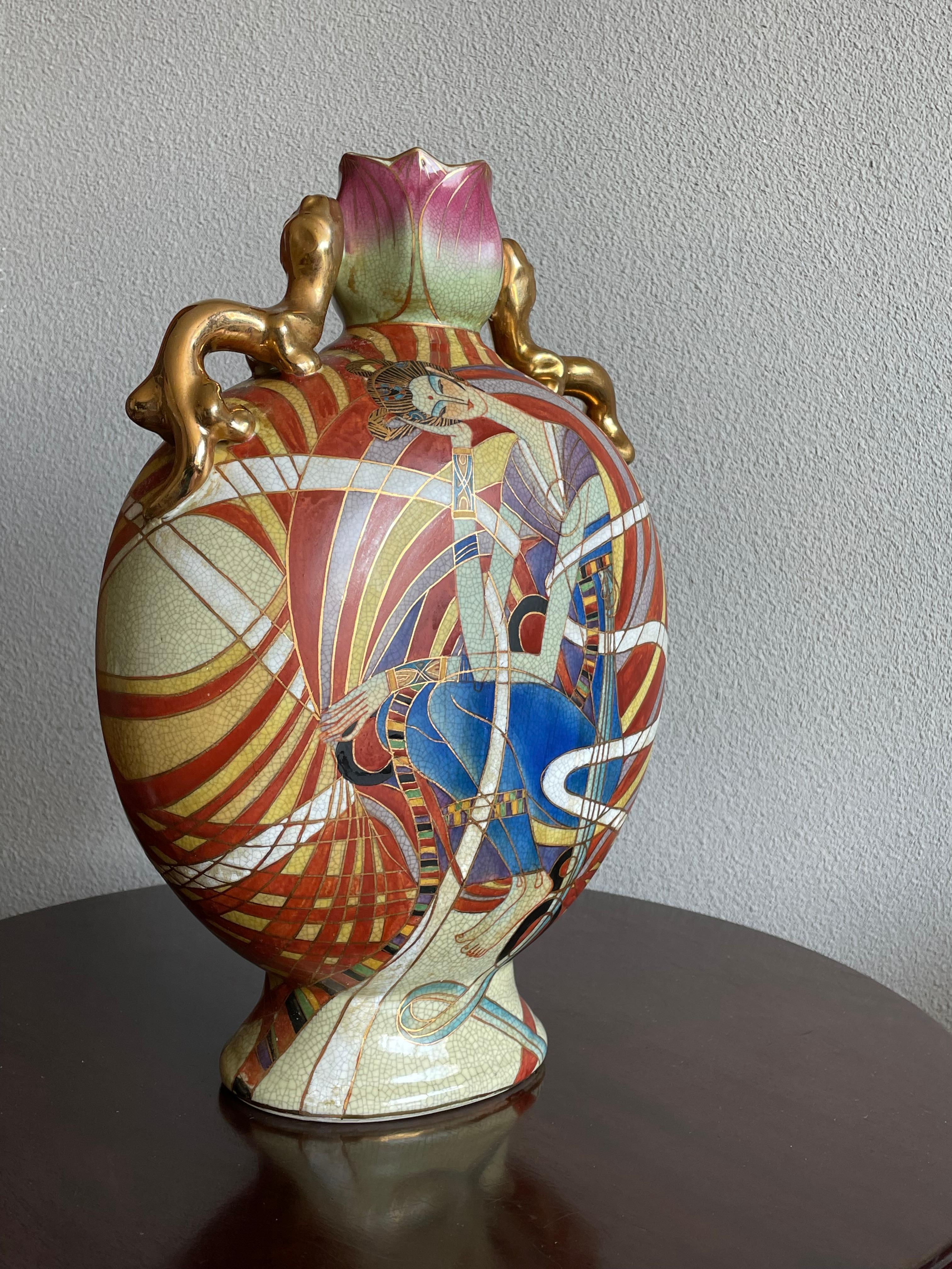 Stunning Hand Painted Geisha Model Design Art Deco Vase w Gilt Dragon Sculptures For Sale 14
