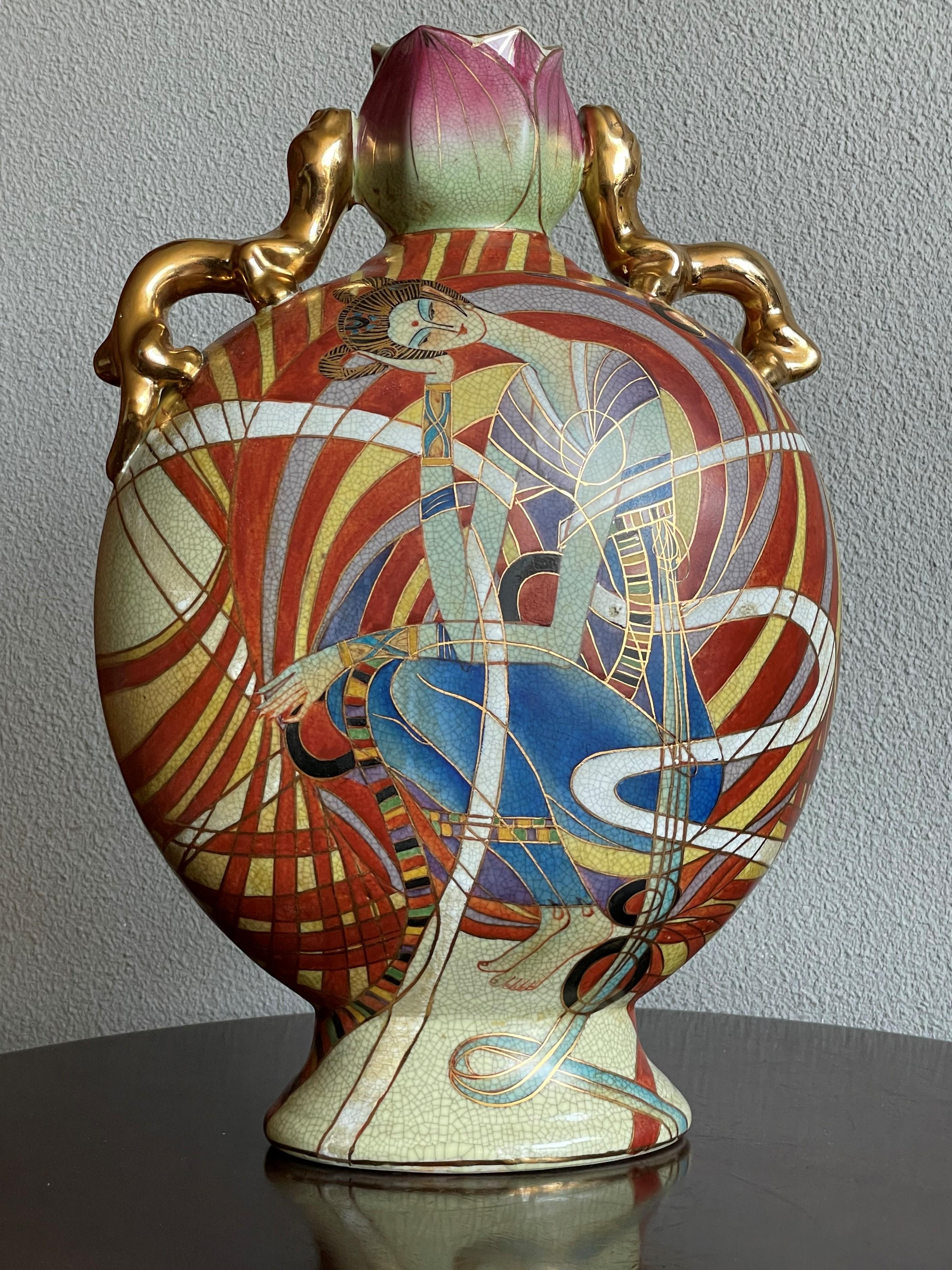 European Stunning Hand Painted Geisha Model Design Art Deco Vase w Gilt Dragon Sculptures For Sale