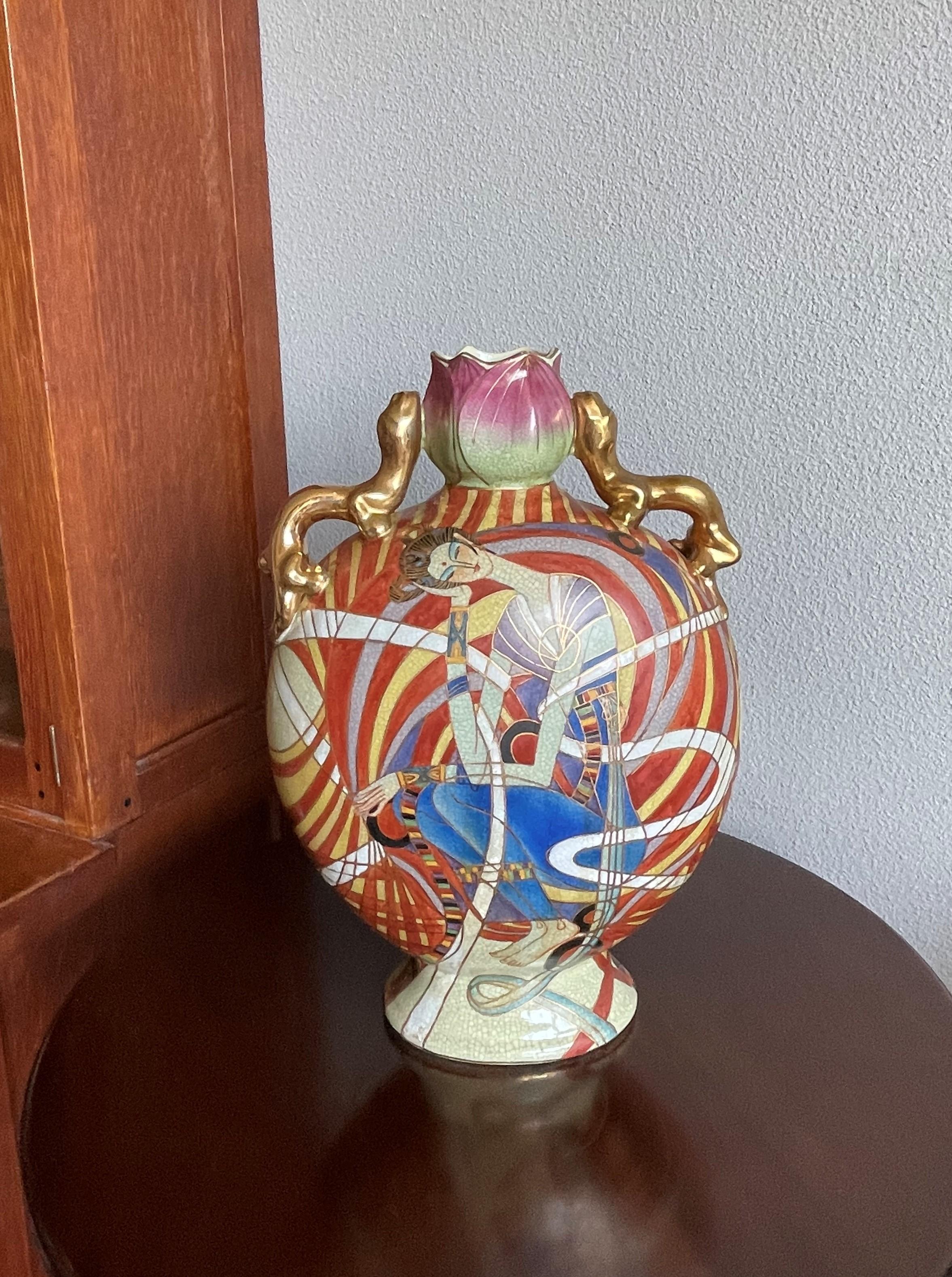 Ceramic Stunning Hand Painted Geisha Model Design Art Deco Vase w Gilt Dragon Sculptures For Sale