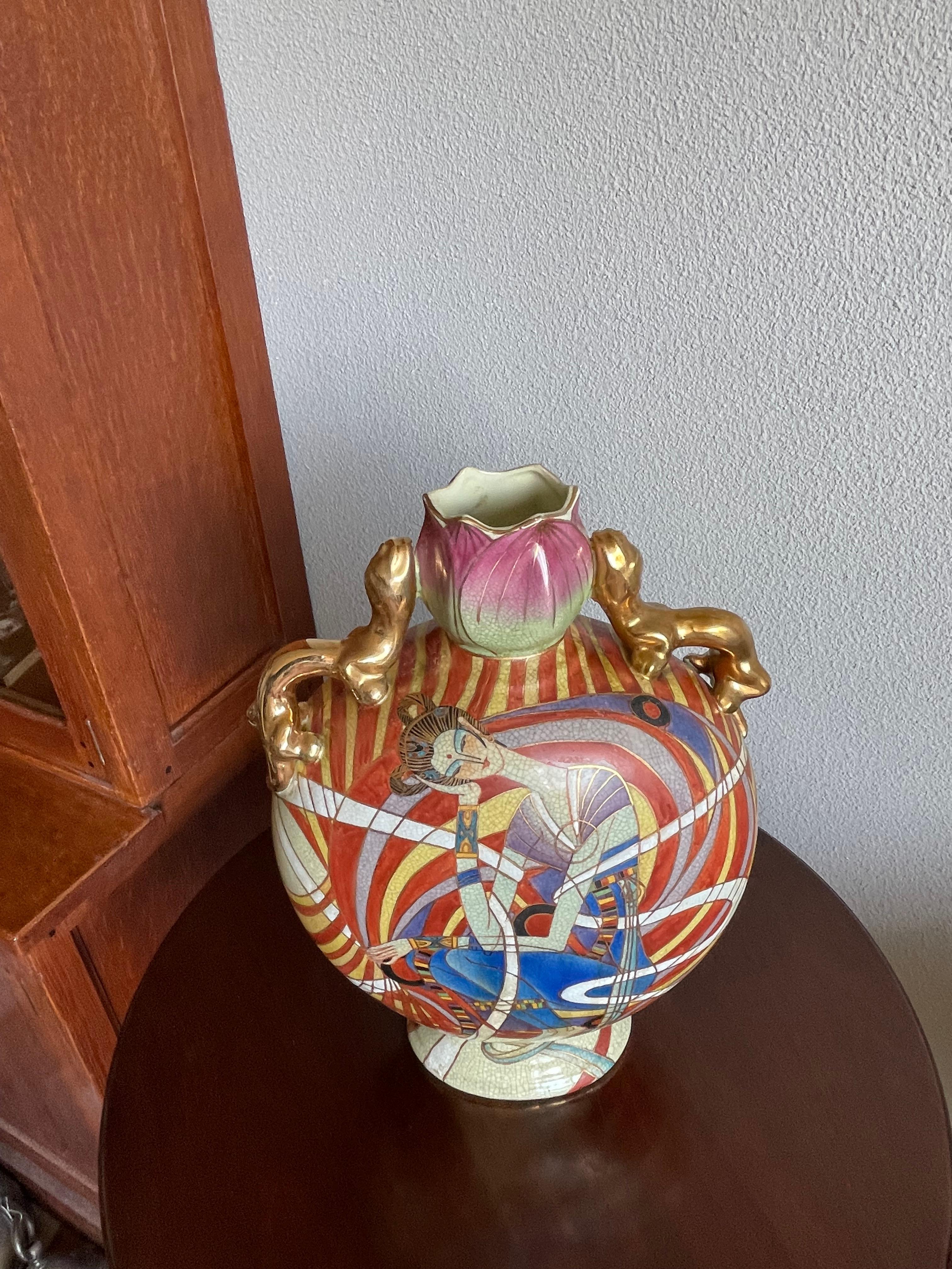Stunning Hand Painted Geisha Model Design Art Deco Vase w Gilt Dragon Sculptures For Sale 1