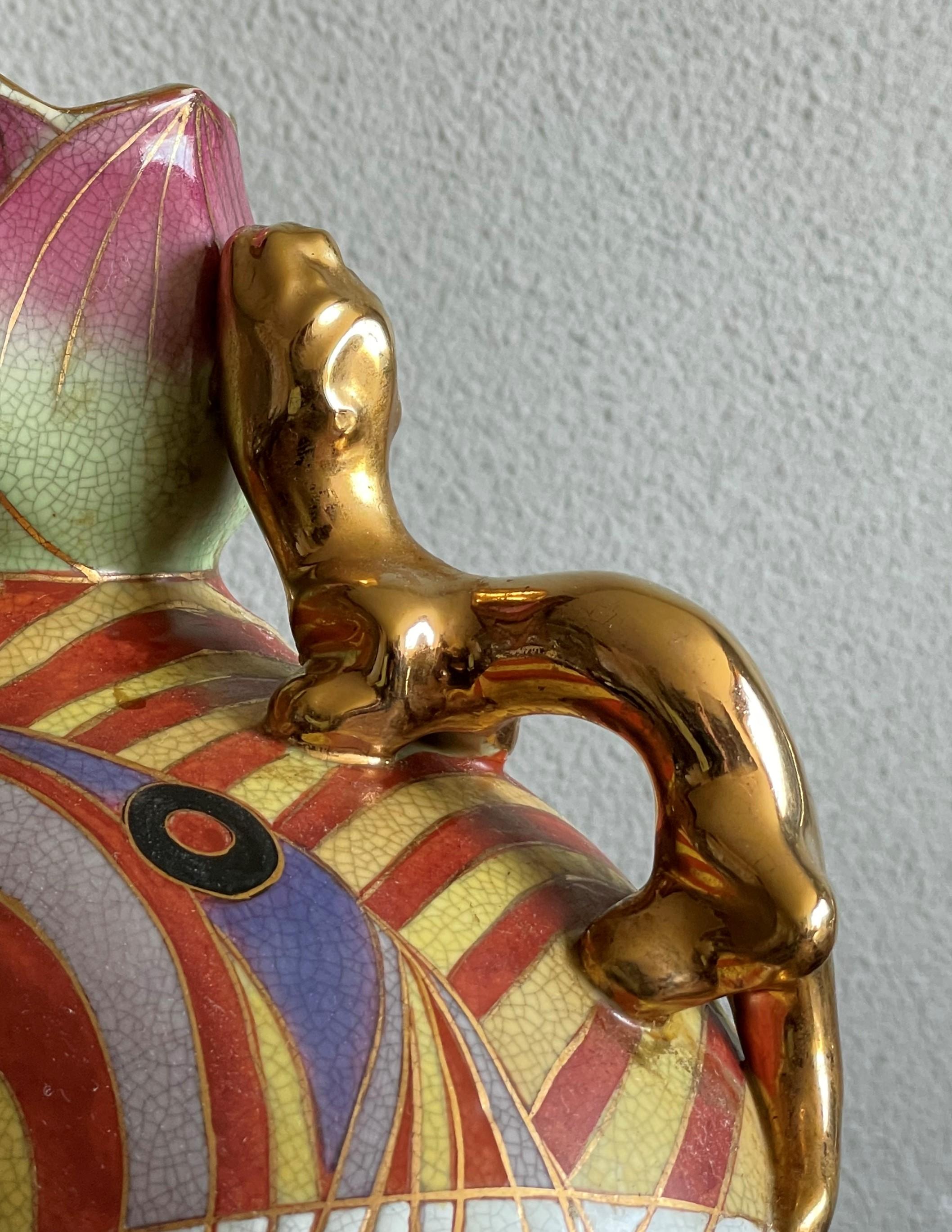 Stunning Hand Painted Geisha Model Design Art Deco Vase w Gilt Dragon Sculptures For Sale 2