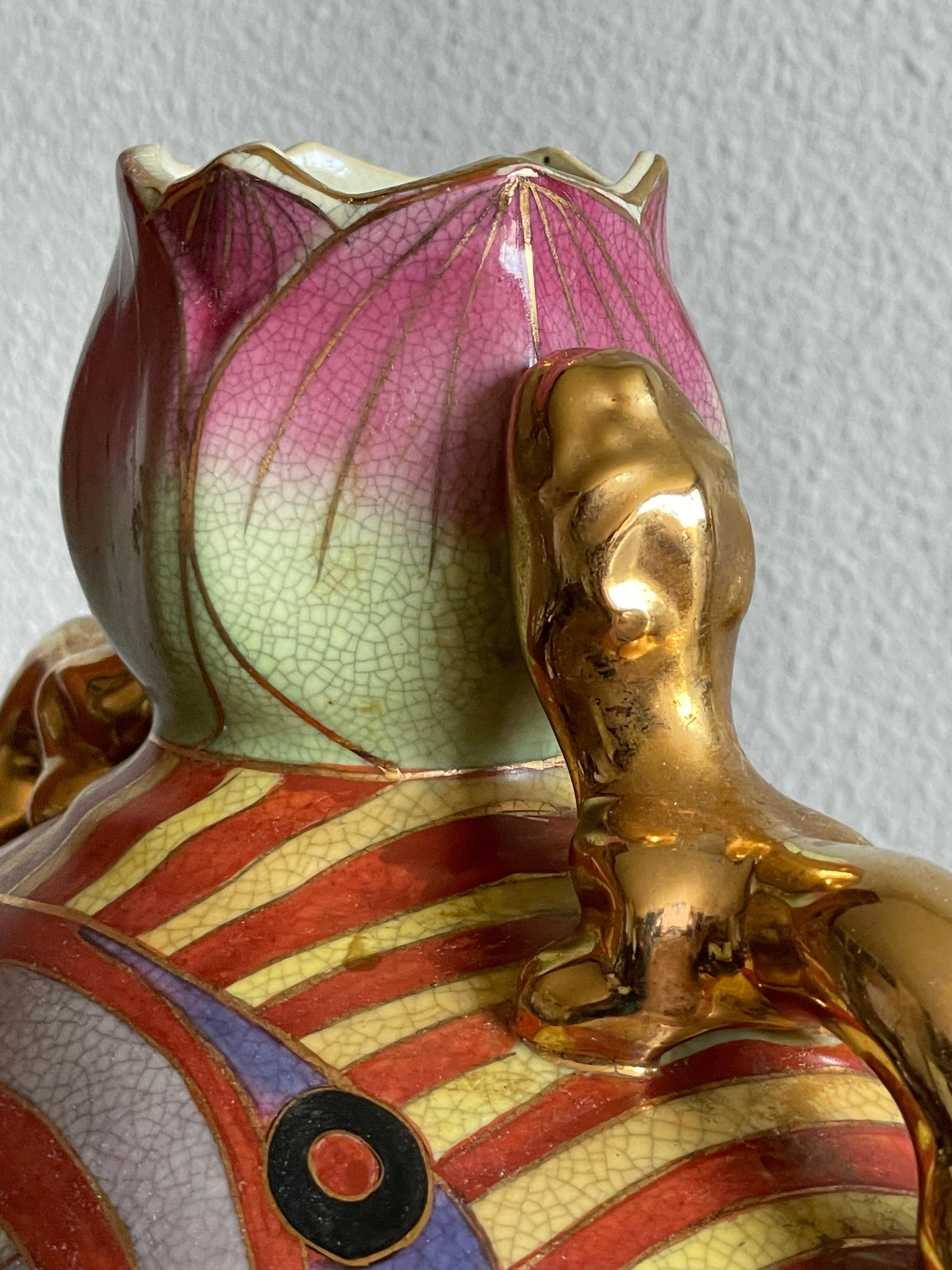 Stunning Hand Painted Geisha Model Design Art Deco Vase w Gilt Dragon Sculptures For Sale 3