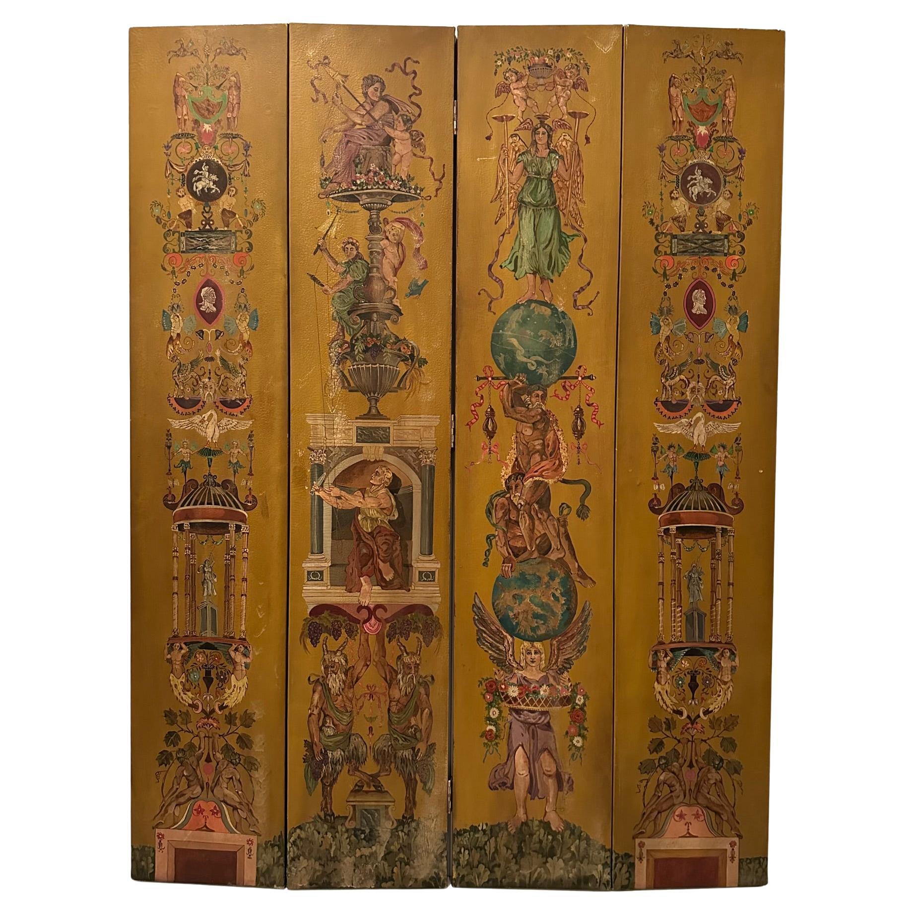 Stupendo paravento europeo dipinto a mano a 4 pannelli con decorazioni neoclassiche; ogni pannello è largo 15