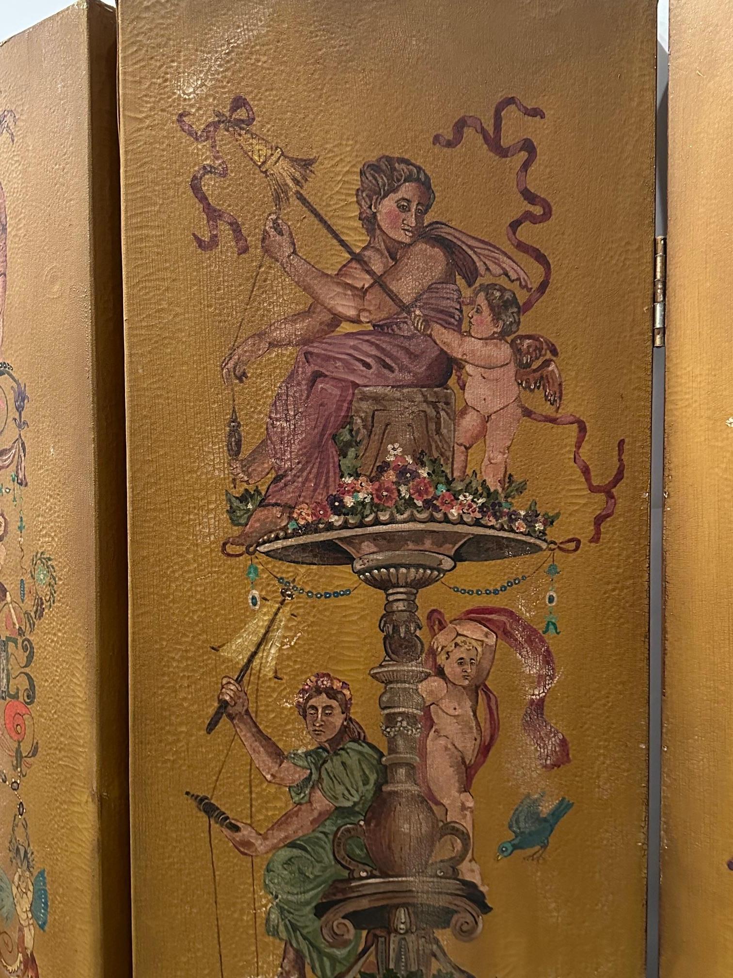 Inizio XX secolo Splendido paravento neoclassico a 4 pannelli dipinto a mano in vendita
