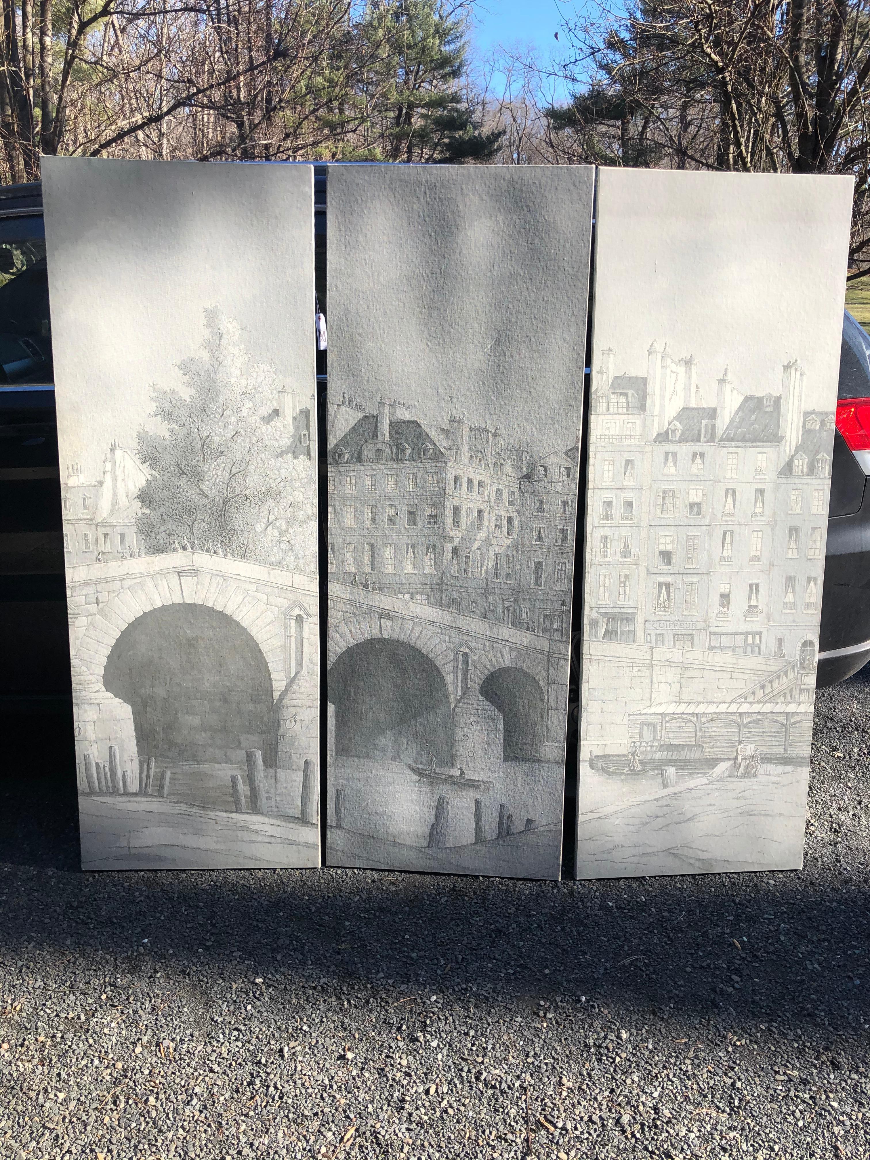 Stunning Hand Painted Triptych of the Ile St. Louis River Seine Paris In Excellent Condition In Hopewell, NJ