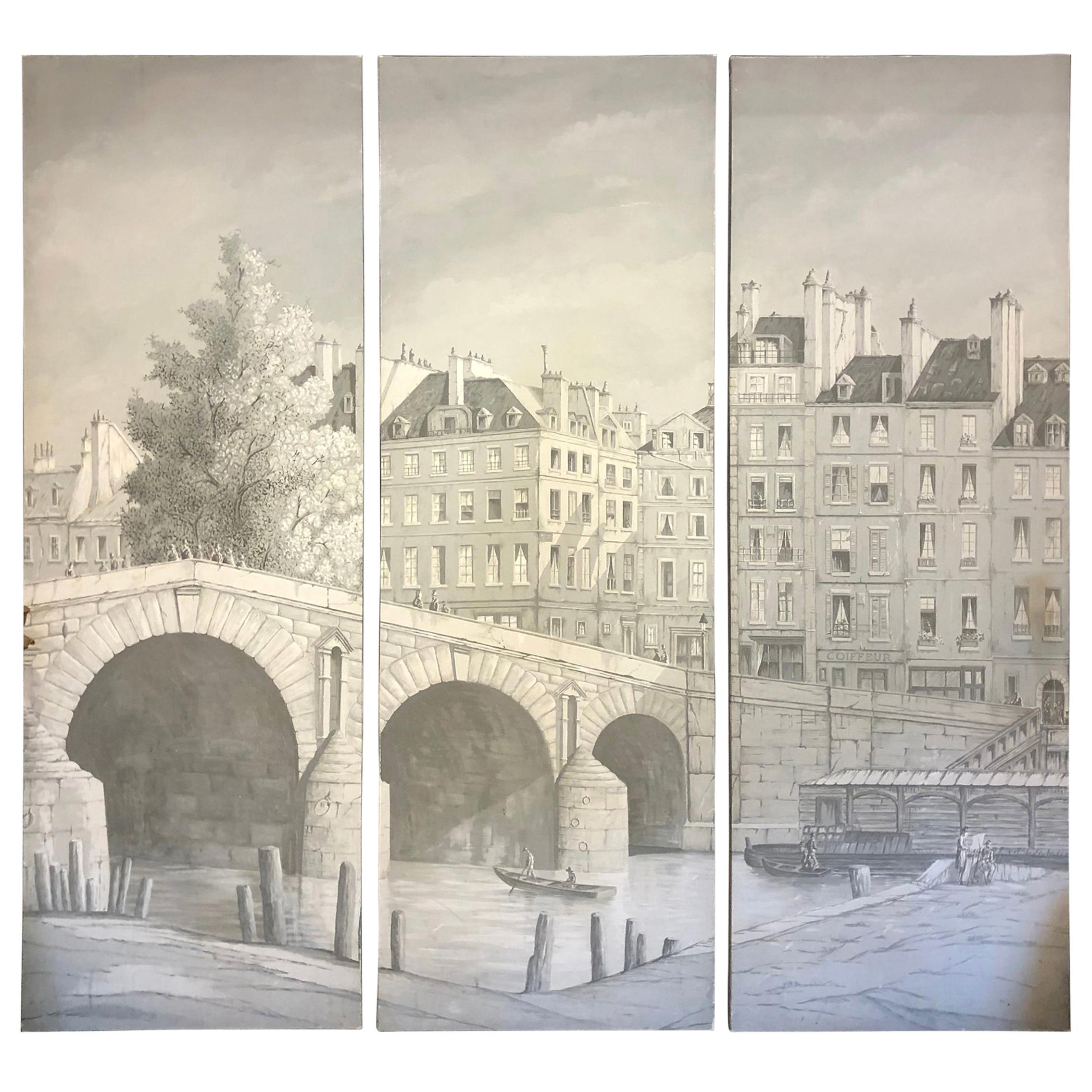 Stunning Hand Painted Triptych of the Ile St. Louis River Seine Paris