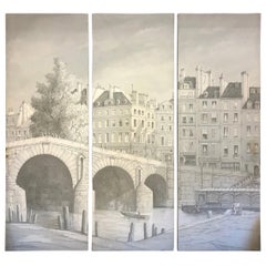 Stunning Hand Painted Triptych of the Ile St. Louis River Seine Paris Stunning Hand Painted Triptych of the Ile St. Louis River Seine Paris