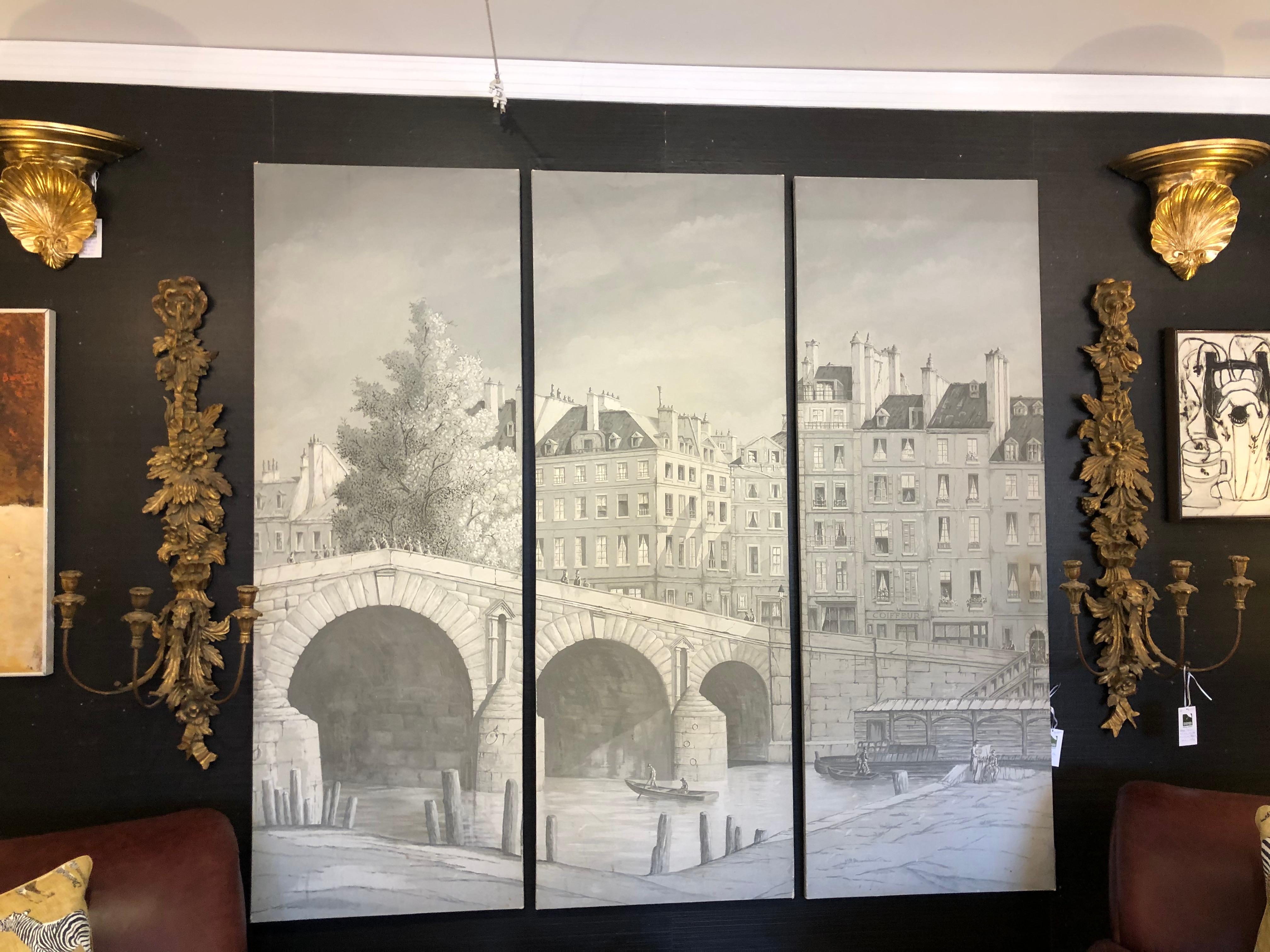 Fabulous triptych of the Ile St. Louis, River Seine, Paris by artist Diana Zandorf, American, 20th century. Painted in soft shades of grey, each painting is done in oil on canvas that has been mounted on hollow wooden panels. Each panel has hooks on
