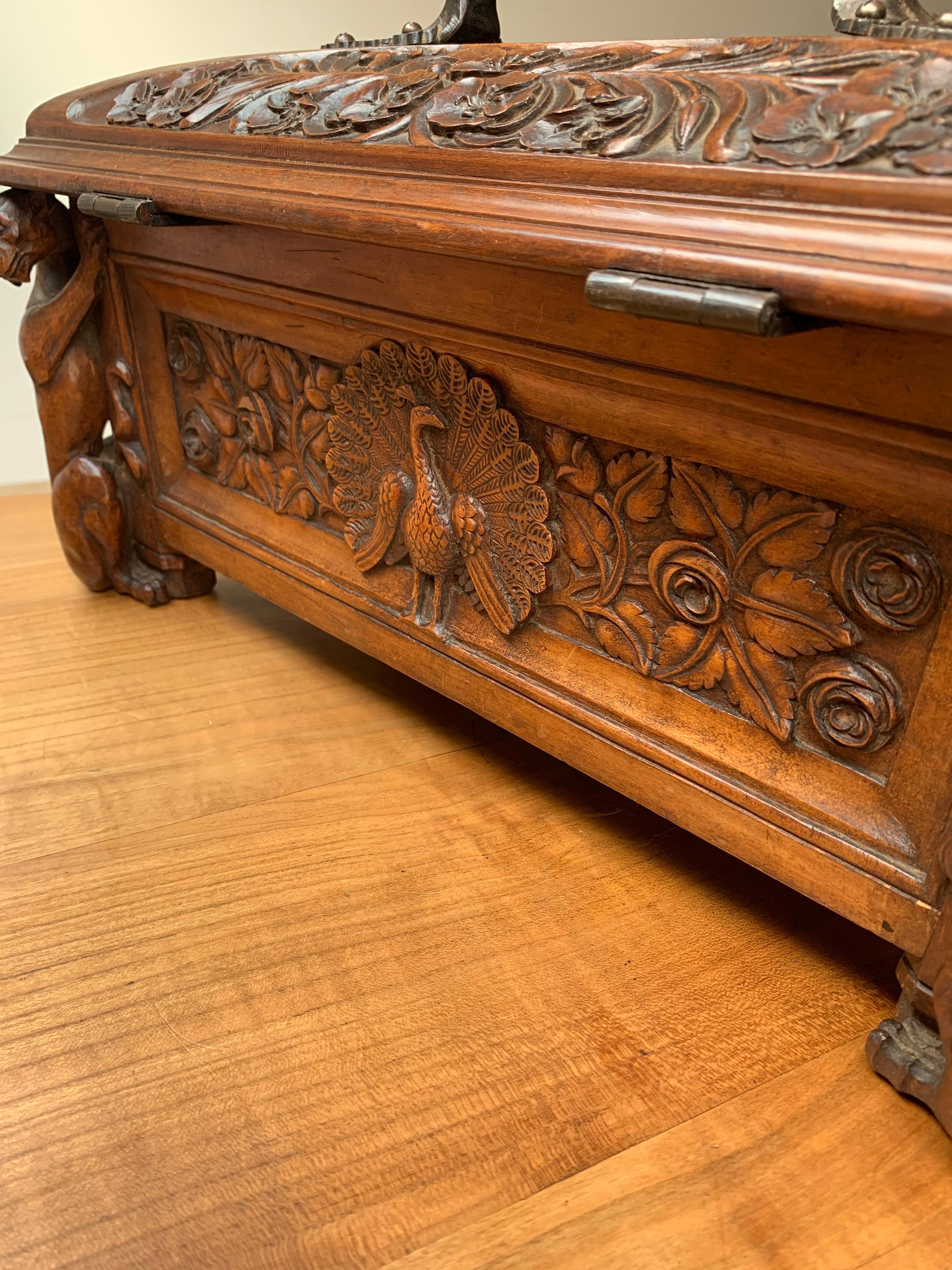 Stunning Handcrafted Late 1800s Gothic Casket with Peacock & Gargoyle Sculptures For Sale 7