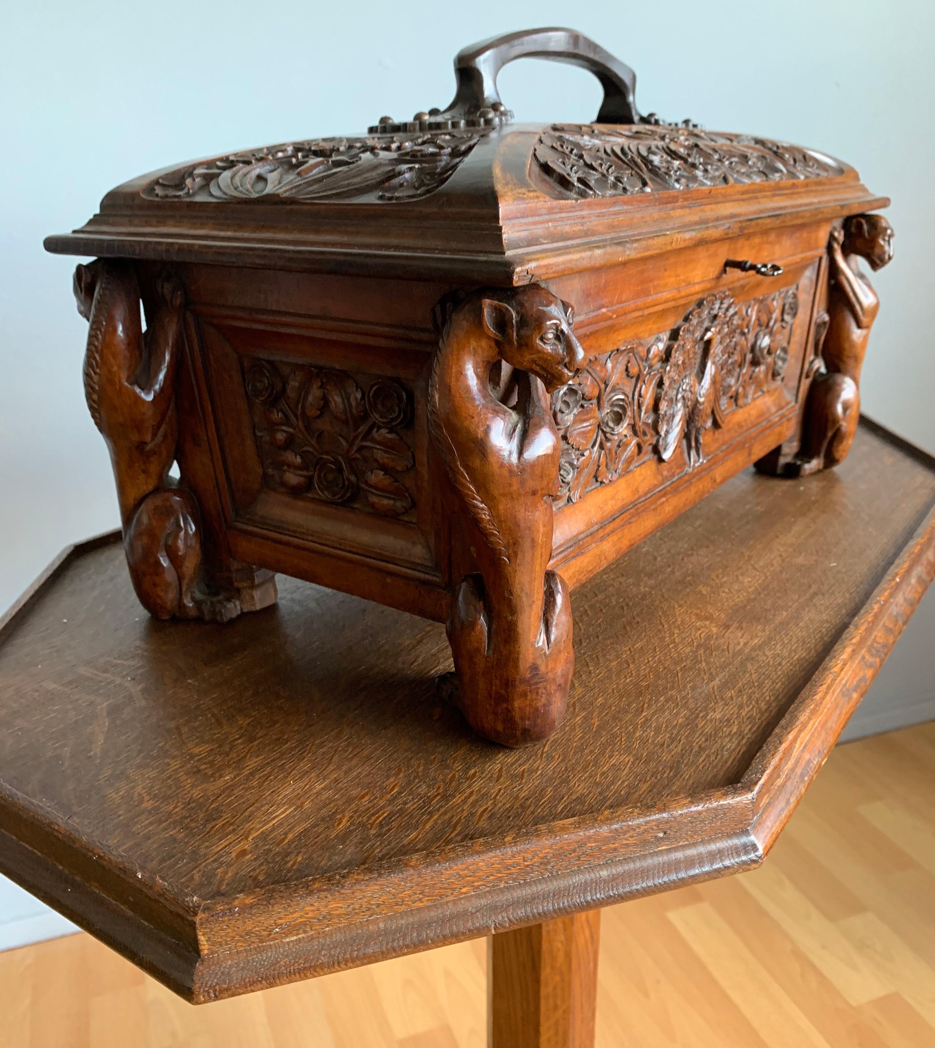 Stunning Handcrafted Late 1800s Gothic Casket with Peacock & Gargoyle Sculptures For Sale 8