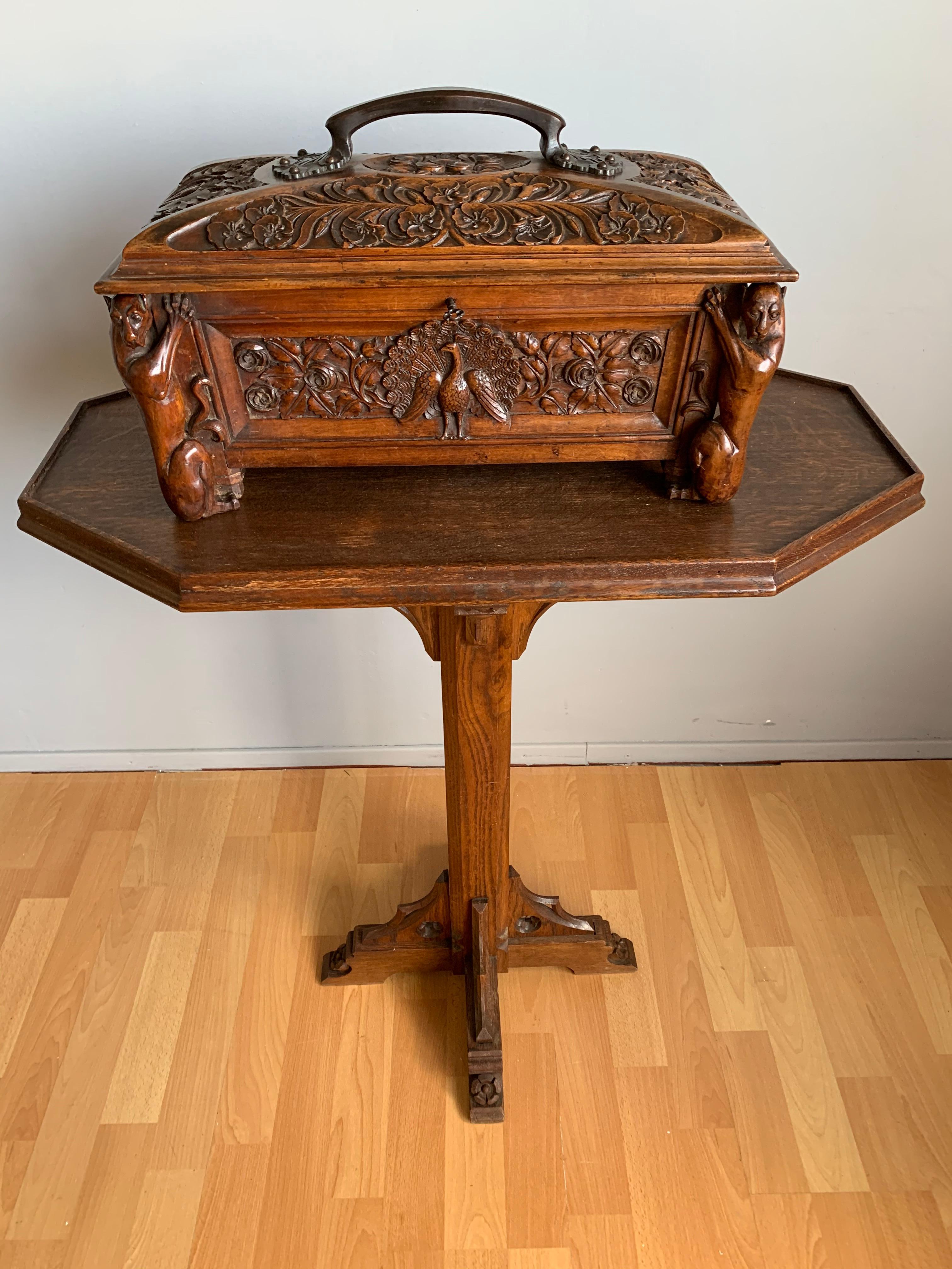 Stunning Handcrafted Late 1800s Gothic Casket with Peacock & Gargoyle Sculptures For Sale 9