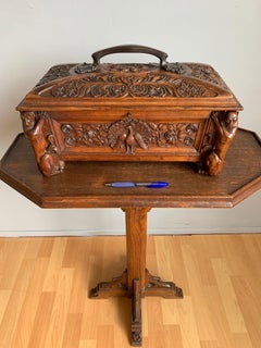 Stunning Handcrafted Late 1800s Gothic Casket with Peacock & Gargoyle Sculptures