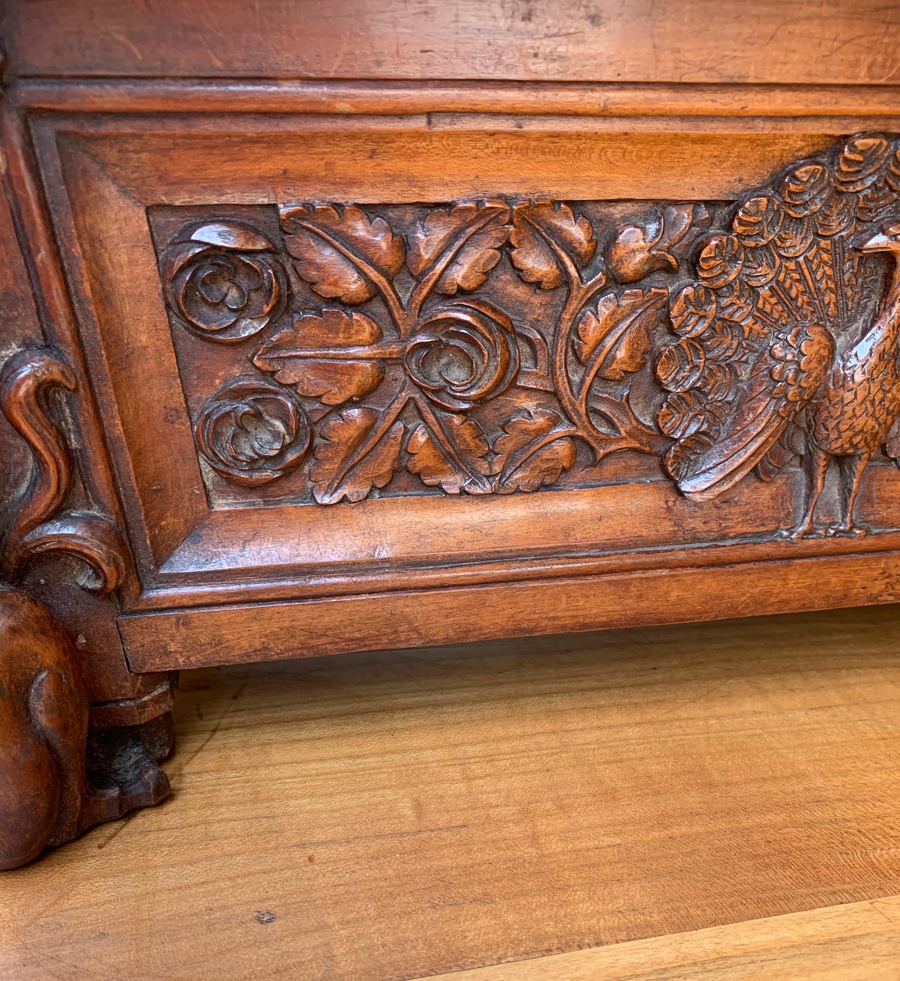 Hand-Carved Stunning Handcrafted Late 1800s Gothic Casket with Peacock & Gargoyle Sculptures For Sale