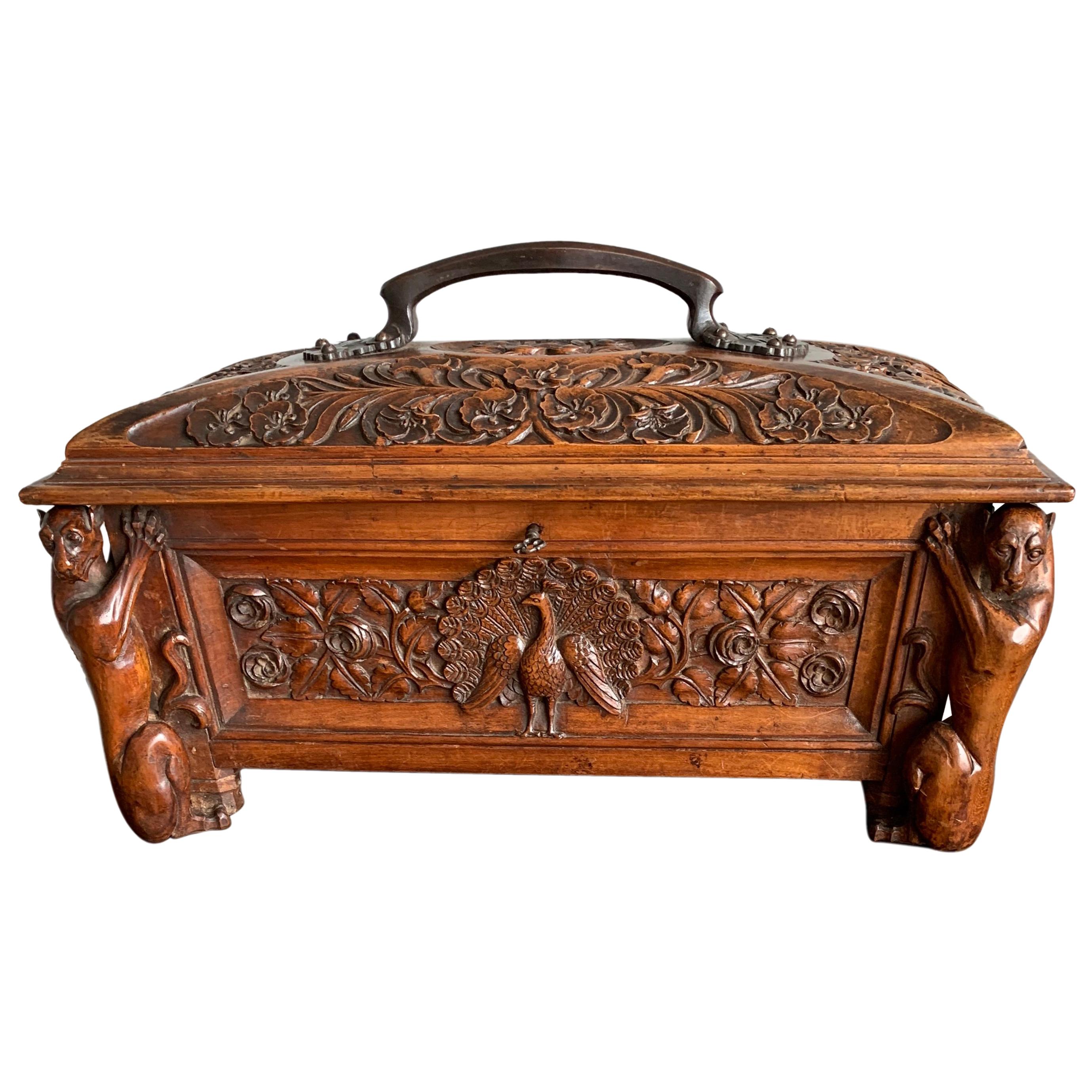 Stunning Handcrafted Late 1800s Gothic Casket with Peacock & Gargoyle Sculptures For Sale