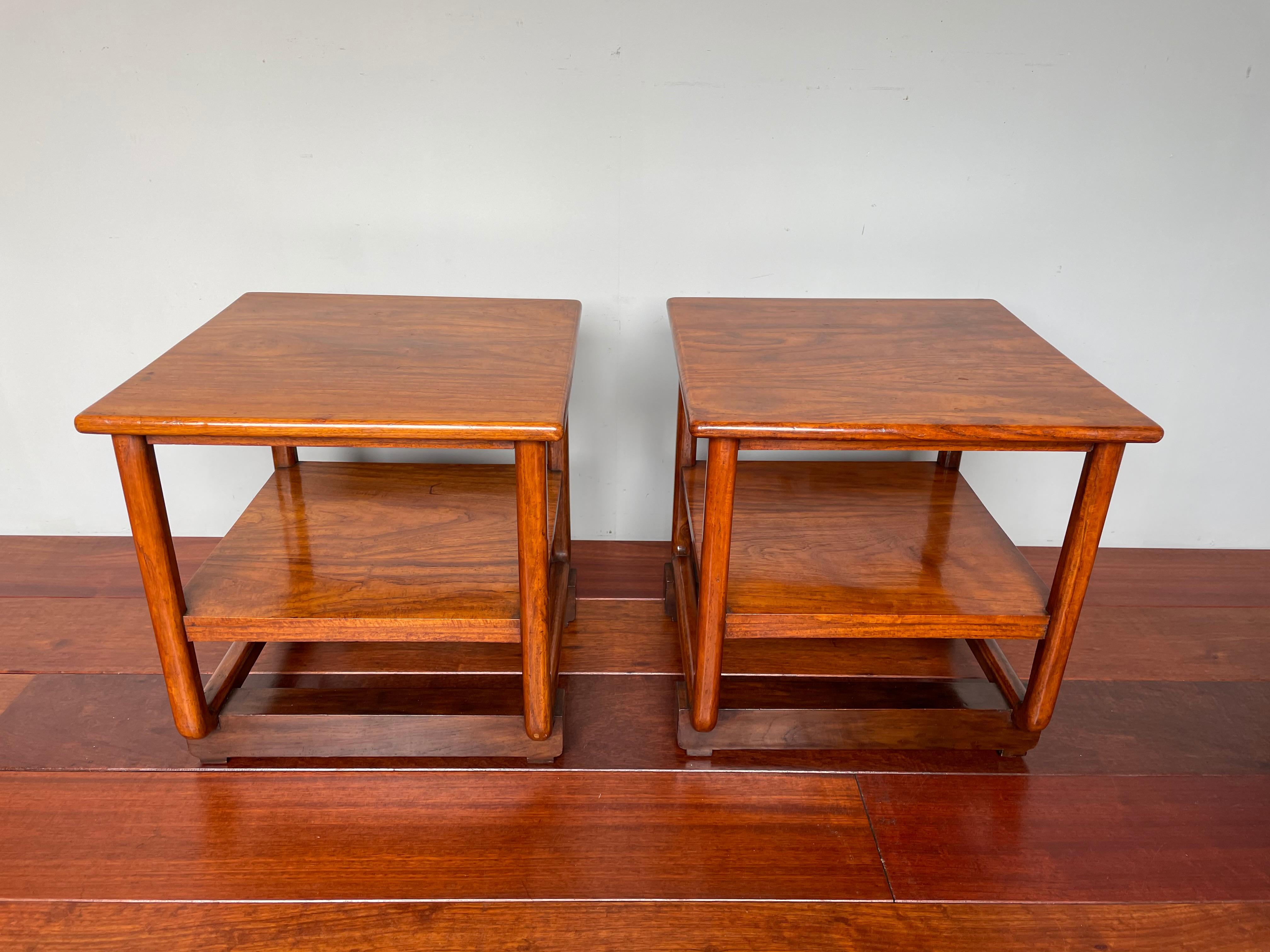 Rare pair of end tables or bedside tables or books tables or side tables or drinks tables.

One of us privately owned and used these rare tables for over ten years, Their timeless, Dutch colonial Art Deco design is what makes them suitable for all