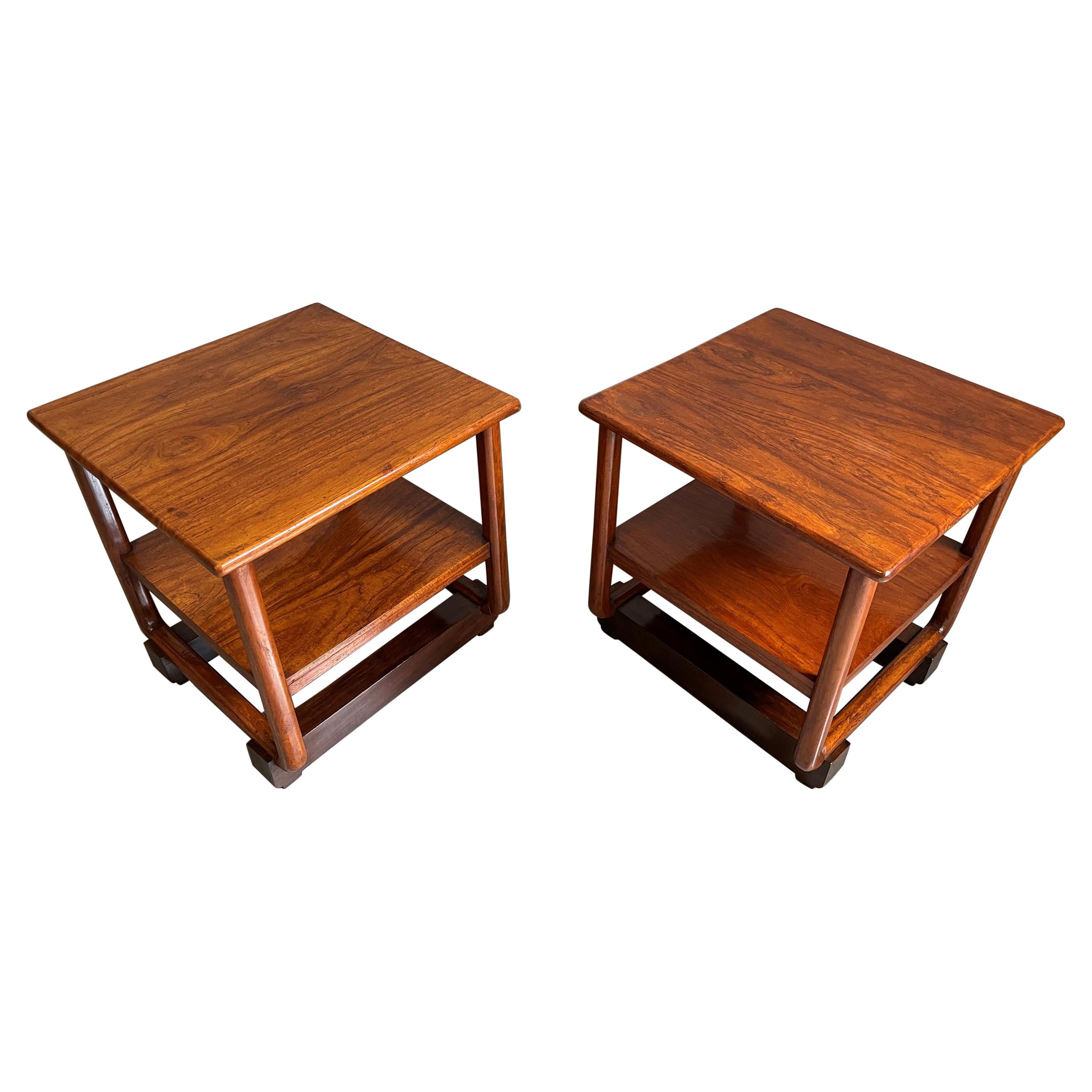 Stunning Handcrafted Pair of Dutch Colonial Art Deco End Tables of Java Teak For Sale